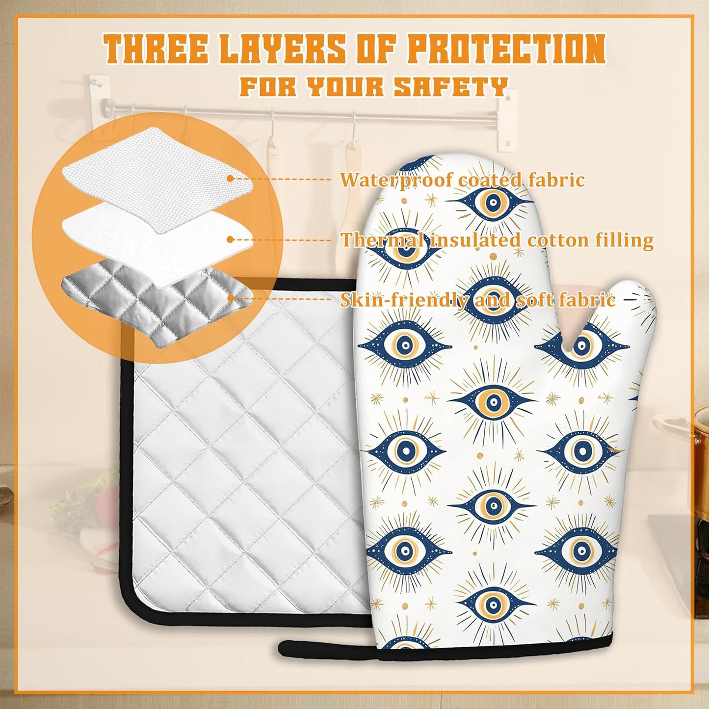 Evil Eyes Oven Mitts and Pot Holders,Heat Resistant Oven Mitts Gloves and Pot Holder for Home Kitchen Decorations Cooking Baking BBQ Gifts,Set of 4