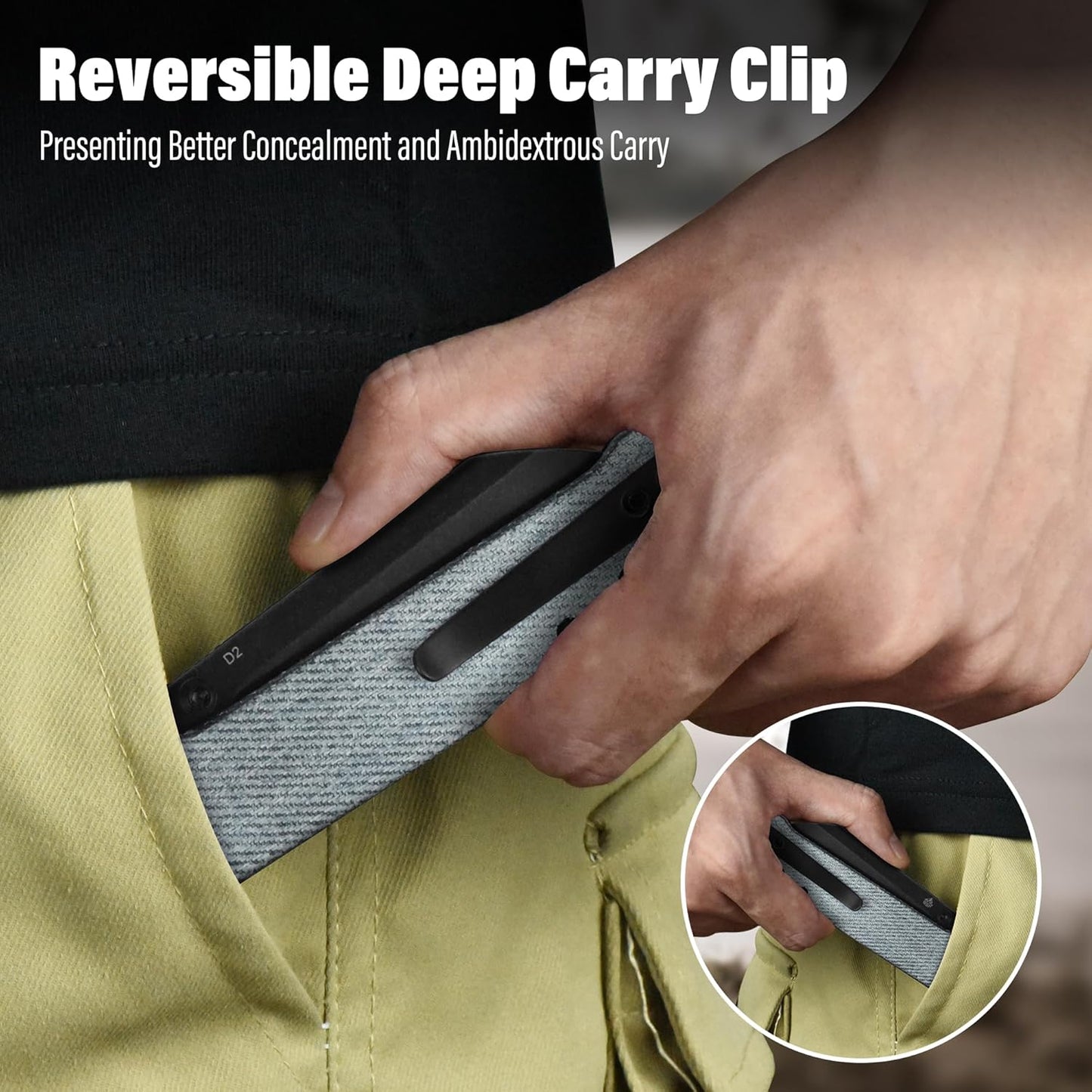 QSP Penguin V2 Folding Pocket Knife, 3.06" D2 Black Stonewash Blade EDC Knife, Denim Micarta Handle, Liner Lock, Ceramic Ball Bearings, Reversible SS Deep Carry Clip