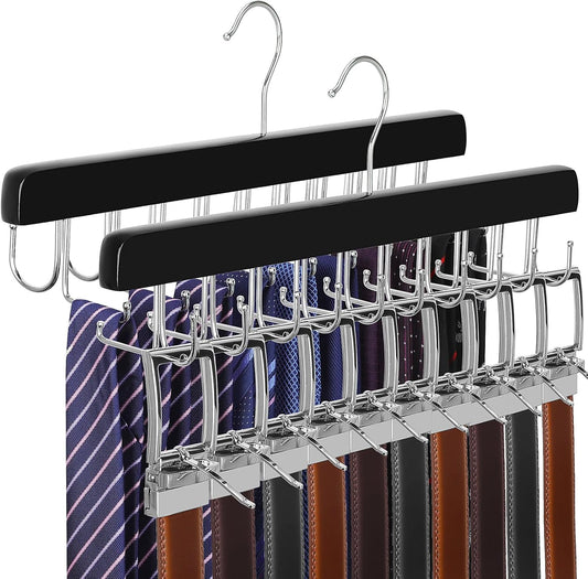 TOPIA HANGER 2 Pack 2 in 1 Belt Tie Hanger for Closet Max 60 Belts with 60 Ties Capacity, 40 Hooks Belt Tie Racks Wooden Hanger for Closet Organizer Storage “U” Fit Belt and “一” Fit Tie - CT52B