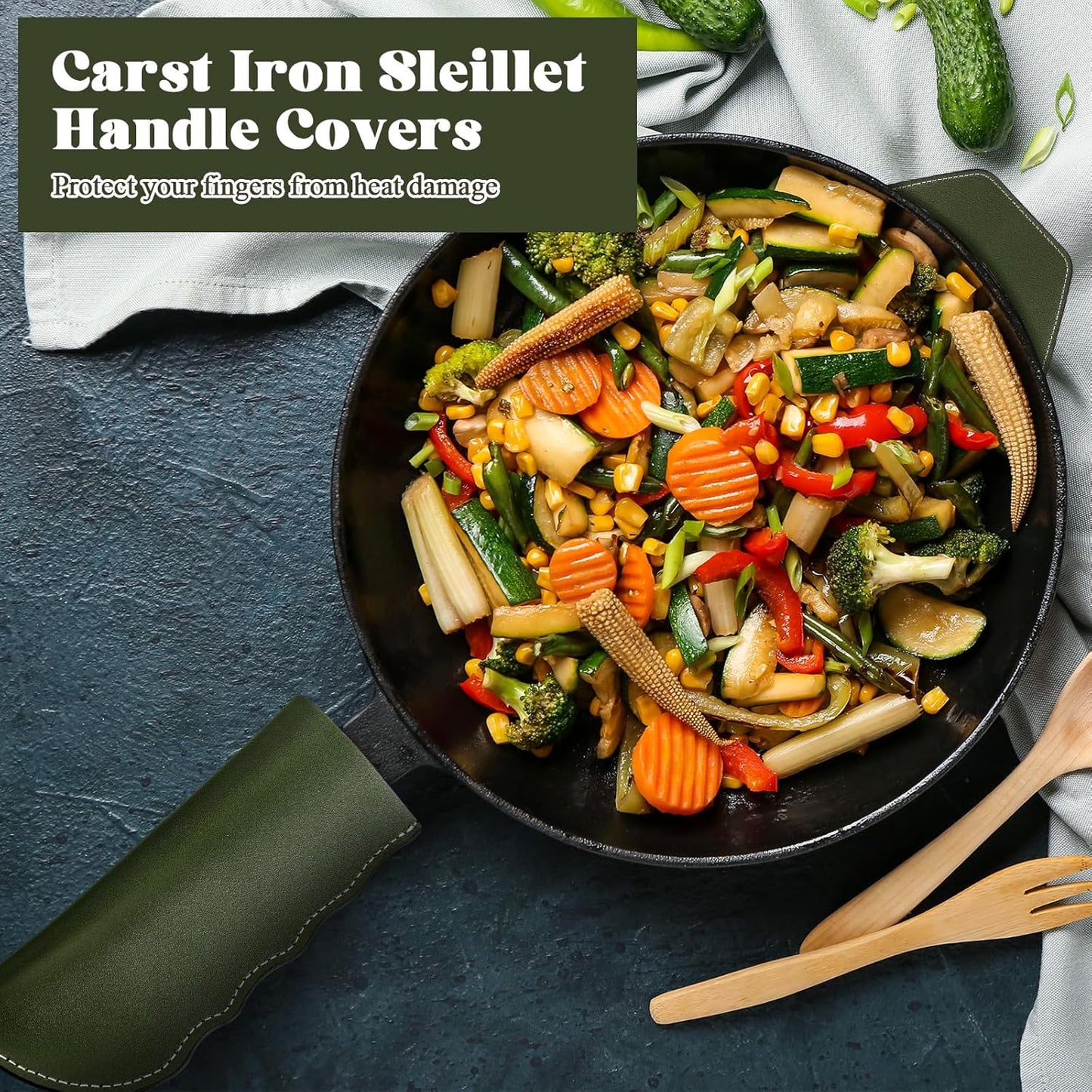 Baderke 4 Pcs Leather Cast Iron Handle Cover Handmade Leather Heat Resistant Skillet Handle Set Pot Holder for Hot Frying Pans, Pots(Army Green)