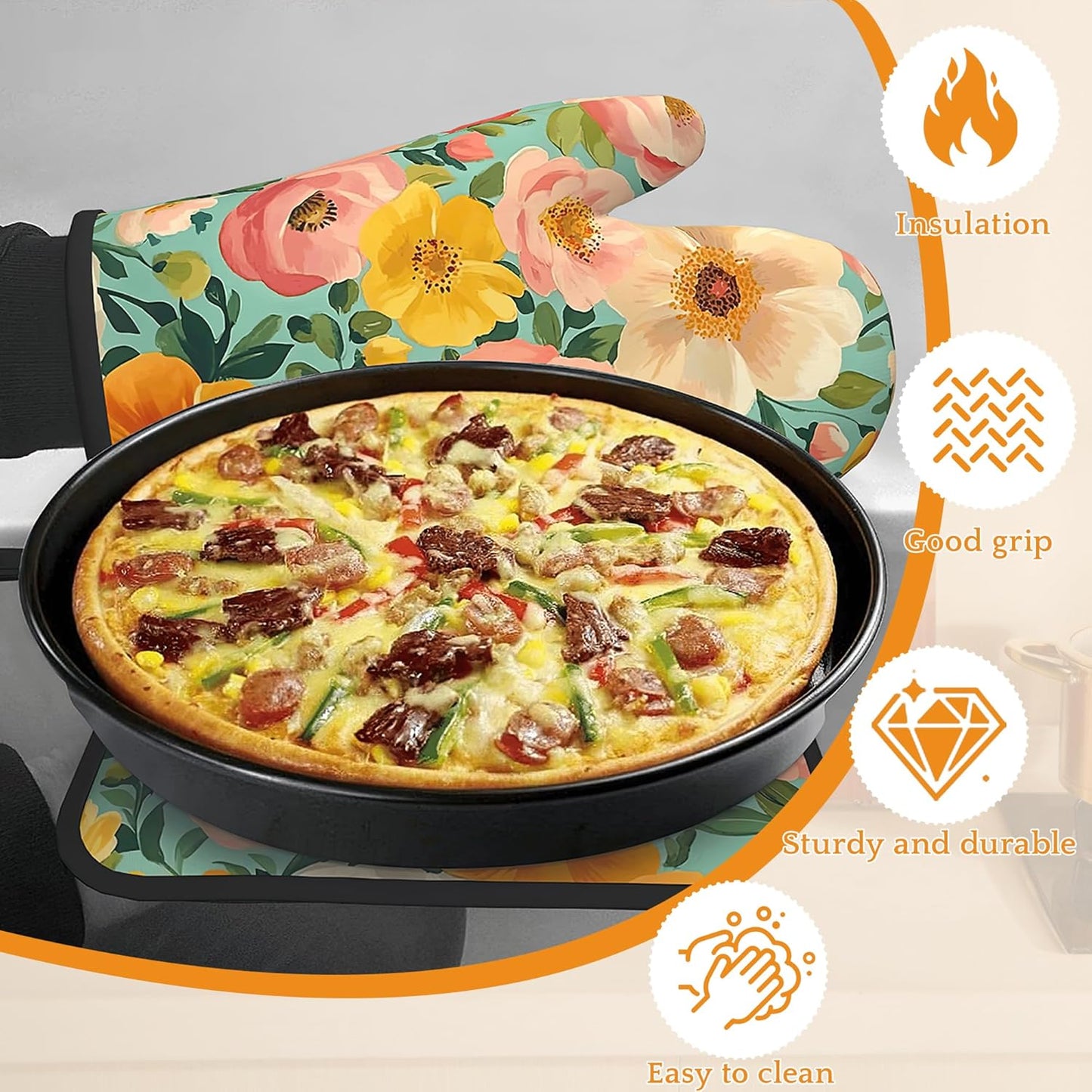 Vintage Pink Poppy Oven Mitts and Pot Holders,Floral Flower Heat Resistant Oven Mitts Gloves and Pot Holder for Home Kitchen Decorations Cooking Baking BBQ Gifts,Set of 4