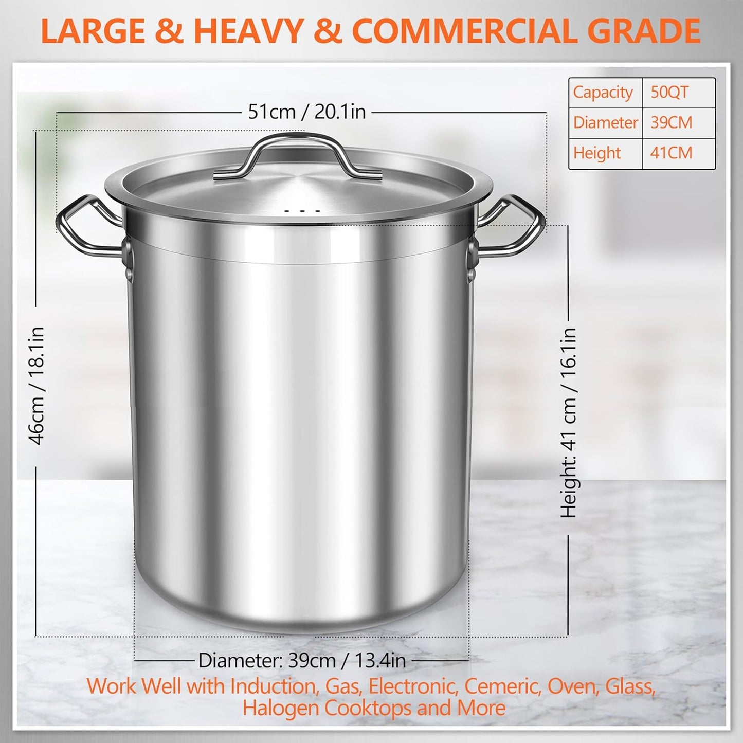 50 Quart Stainless Steel Stock Pot with Lid – Heavy Duty Large Cooking Pot for Soup, Stew, Chili – Commercial Grade, Induction Compatible – Great for Home & Catering