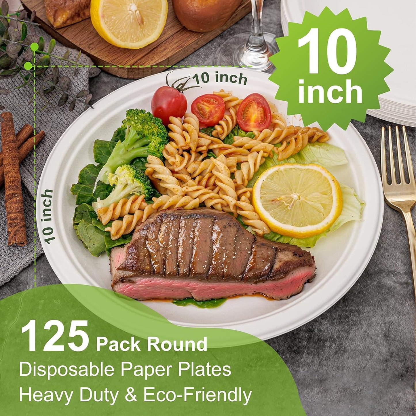 WELLIFE 10 Inch Paper Plates, 125-Pack 100% Compostable Heavy Duty Disposable Plates Bulk, Biodegradable Bagasse, Eco-Friendly, PFAS-Free | BPI Certified | Microwaveable