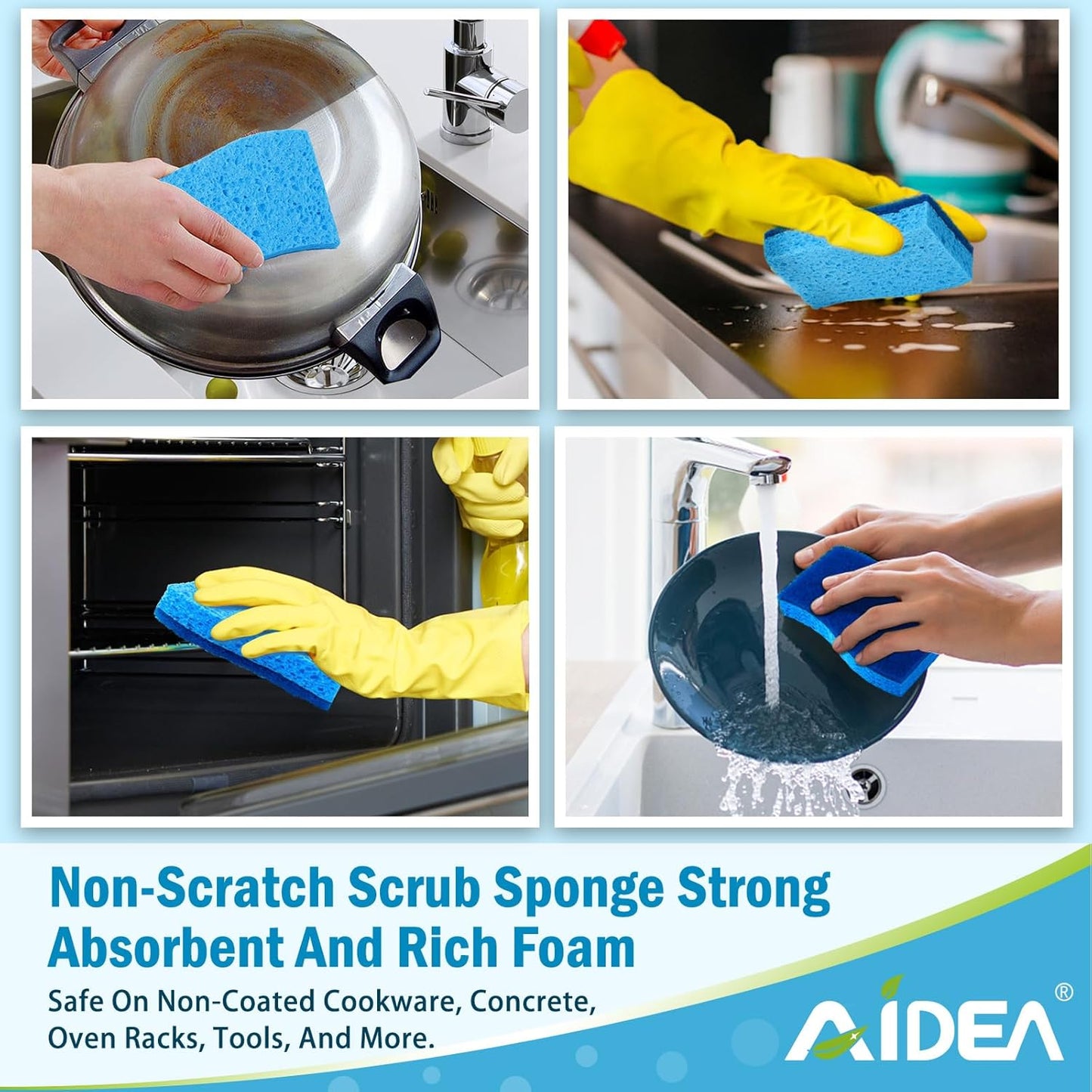 AIDEA Sponges Kitchen, Non Scratch Scrub Sponge, 12Count, Sponges for Non Stick Cookware, Cleaning Sponge for Dishes, Cleans Fast Without Scratching, Cleaning Power for Kitchen, Bathroom, Household