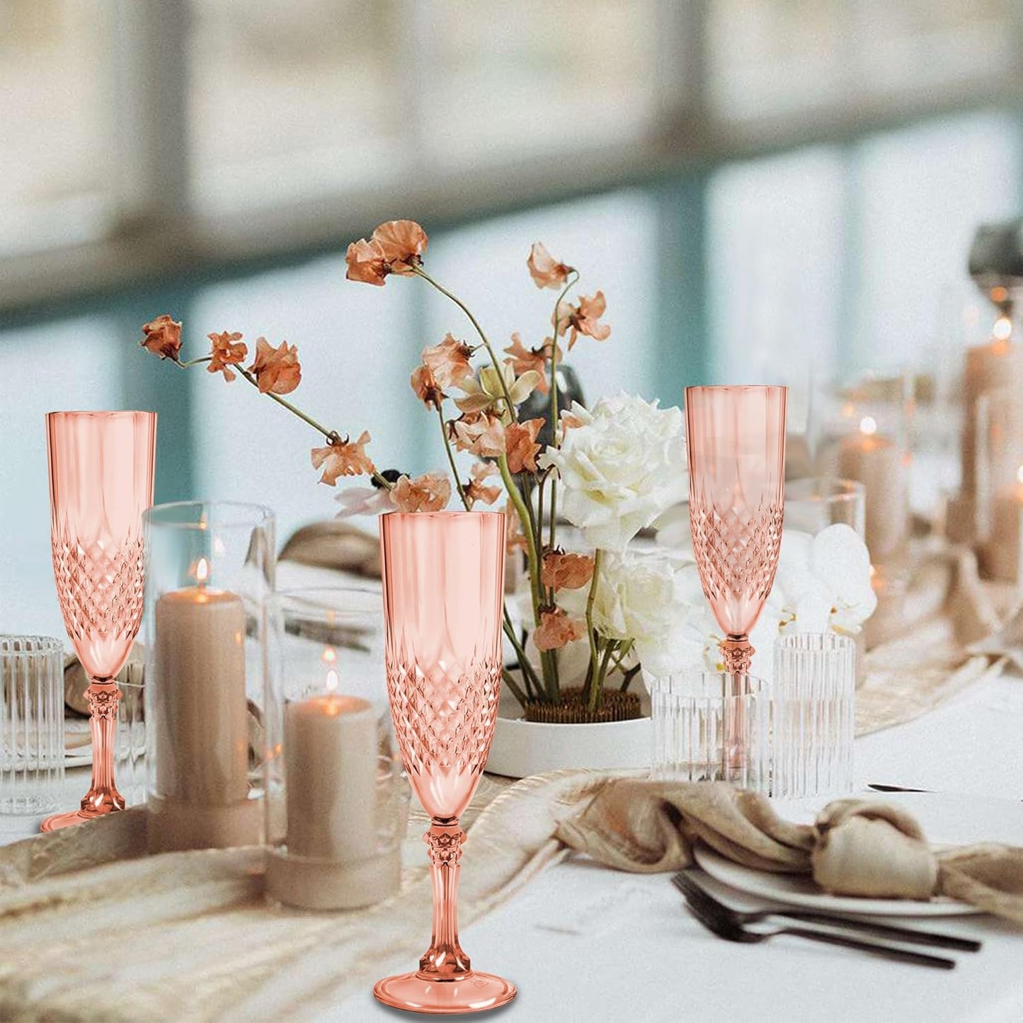 Plastic Champagne Flutes, 12PCS Rose Gold Plastic Wine Glasses Goblets Reusable Champagne Flute for Weddings, Bachelor Parties, Toasting, and Events(12,Rose Gold)