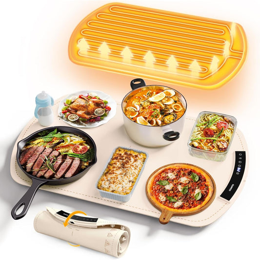 Food Warming Mat, Electric Warming Tray for Buffets & Parties, Silicone Heating Mat for Food with 9 Temperature Settings, Roll-Up Storage, 25.8"x15.6"