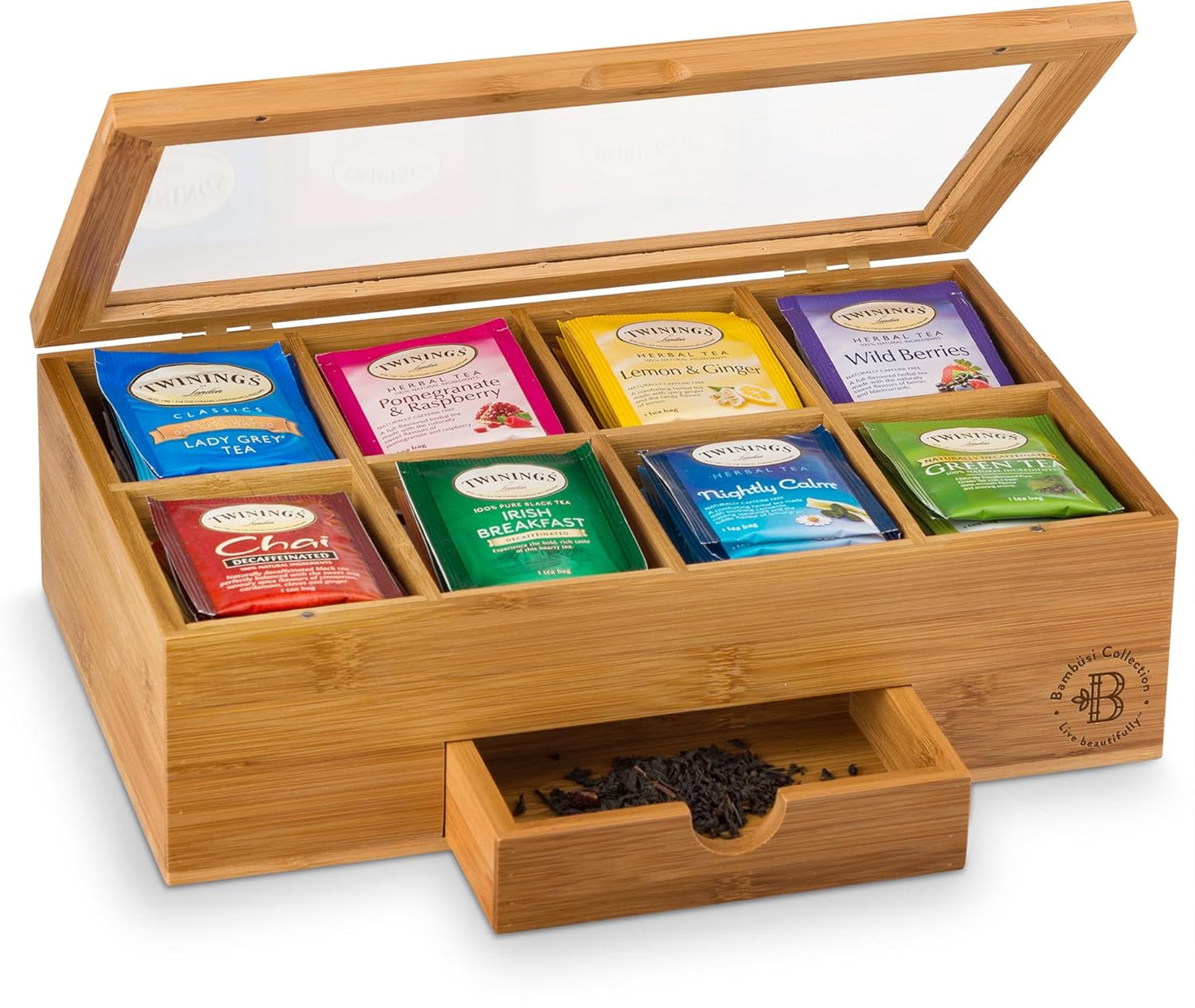 BAMBUSI Tea Bag Organizer - Bamboo Tea Box Storage with Drawer & Acrylic Window, Tea Organizer Holder, Tea Bag Holder, Tea Storage Box, Tea Box Organizer, Gift Idea for Home Kitchen (Tea Not Included)