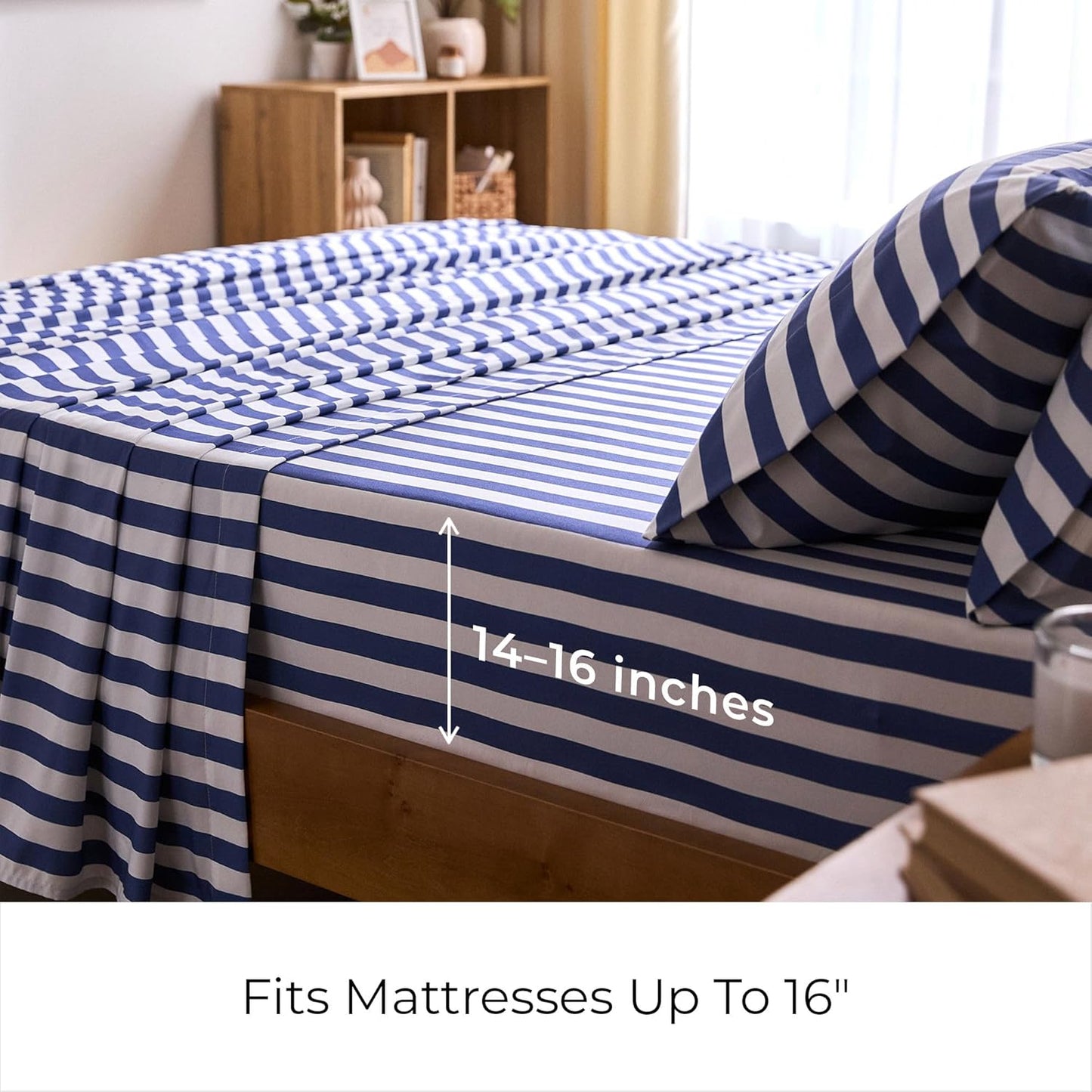 Mellanni King Sheets Set - 4 PC Iconic Collection Bedding - Hotel Luxury, Extra Soft, Cooling Bed Sheets - Wrinkle, Fade, Stain Resistant (King, Oxford Stripe Blue Nova)