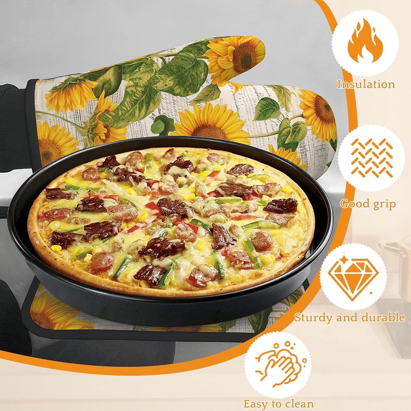 Vintage Sunflower Oven Mitts and Pot Holders,Heat Resistant Oven Mitts Gloves and Pot Holder for Home Kitchen Decorations Cooking Baking BBQ Gifts,Set of 4