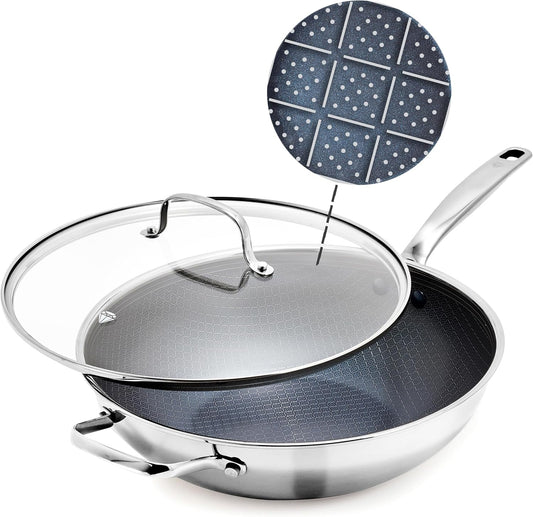 Blue Diamond Hybrid Nonstick Stainless Steel 12” Wok with Lid, PFAS-Free Ceramic Diamond Bond Stir-Fry Pan, Induction Ready, Dishwasher & Oven Safe, Metal Utensil Safe, Stay-Cool Handle, Silver