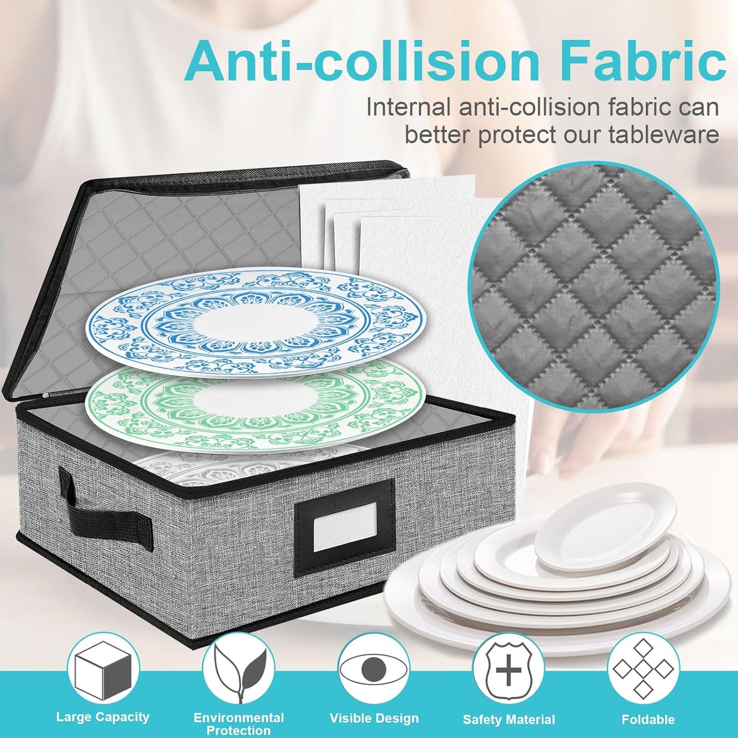 Quilted Platter Storage Case 2PACK-Fine China Storage Containers Hard Shell for Organizing,Stackable Plate Storage Containers with 8 Felt Dividers,dinnerware Storage,Moving Box,Moving Supplies