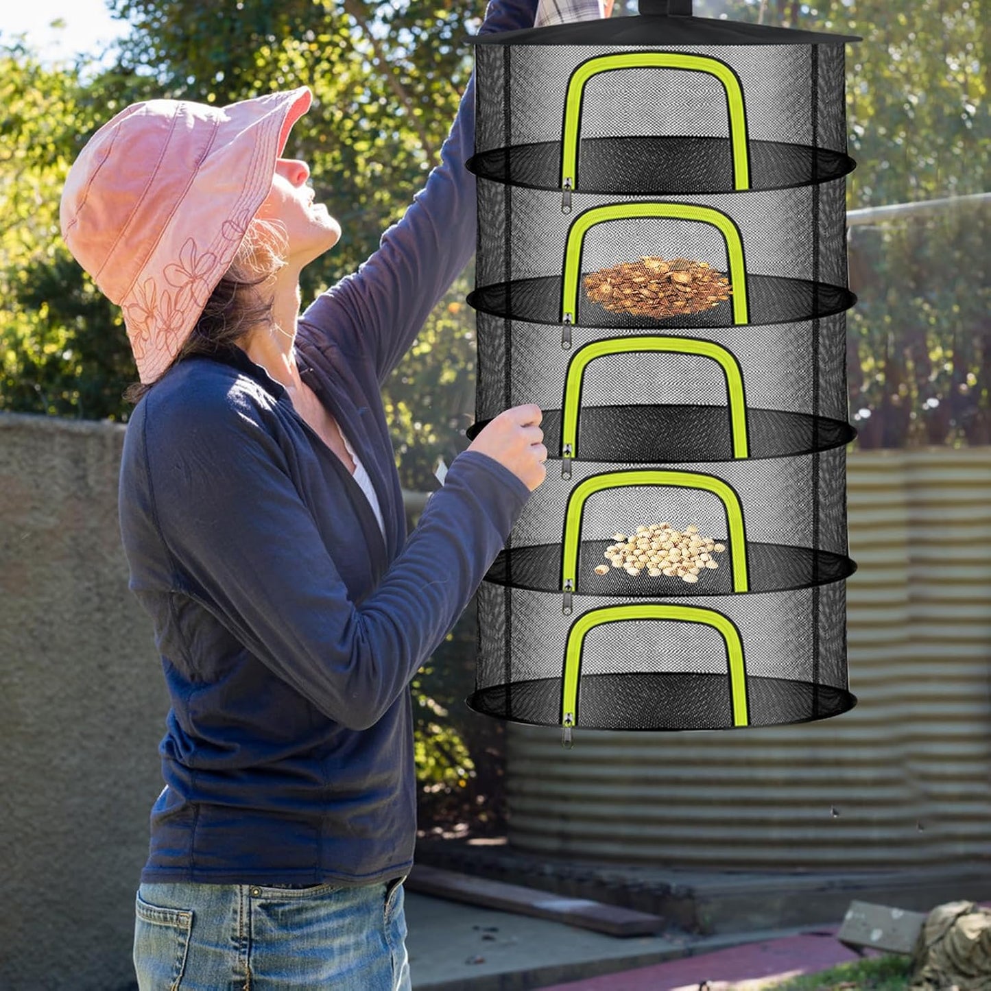 5 Layer Herb Drying Rack, Herb Drying Rack Hanging Mesh, Foldable Bud Drying Net with U-Shaped Zipper, Hooks, for Drying Herbs Plants, Flowers, Fruits, Food, Camping (5 Layers-23.62'')
