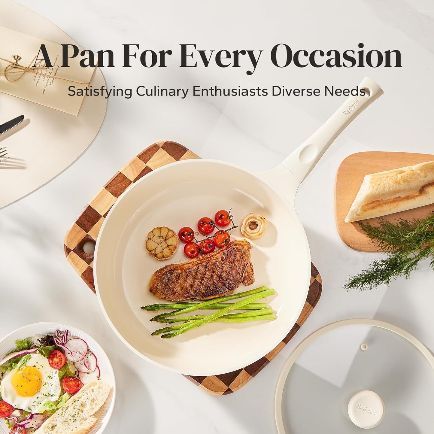 Redchef Nonstick Deep Frying Pan with Lid, Ceramic Saute Pan Skillet, PFOA PFOS Free, Induction Compatible, Stay-Cool Helper Handle, Tempered Glass Cover, Dishwasher Safe, Beige (3.7Qt, 10")