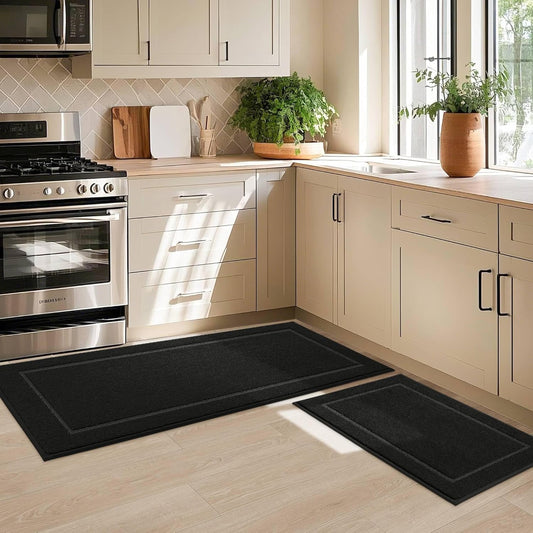 JSEI Non-Slip Kitchen Mats, Self Adhesive No Sliding Kitchen Rugs Set of 2, Washable Absorbent Floor Mat for Kitchen, Bathroom, Laundry Room, Bedroom, 20”x32”+20”x48”, Black, Rectangular Pattern