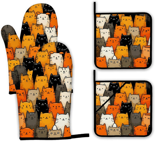 Funny Cute Cat Oven Mitts and Pot Holders Set,Kitchen Decor Heat Resistant Non Slip Hot Pads and Oven Mitt for Chef Cooking Baking BBQ Mom Girl Gifts(4 Piece Set)