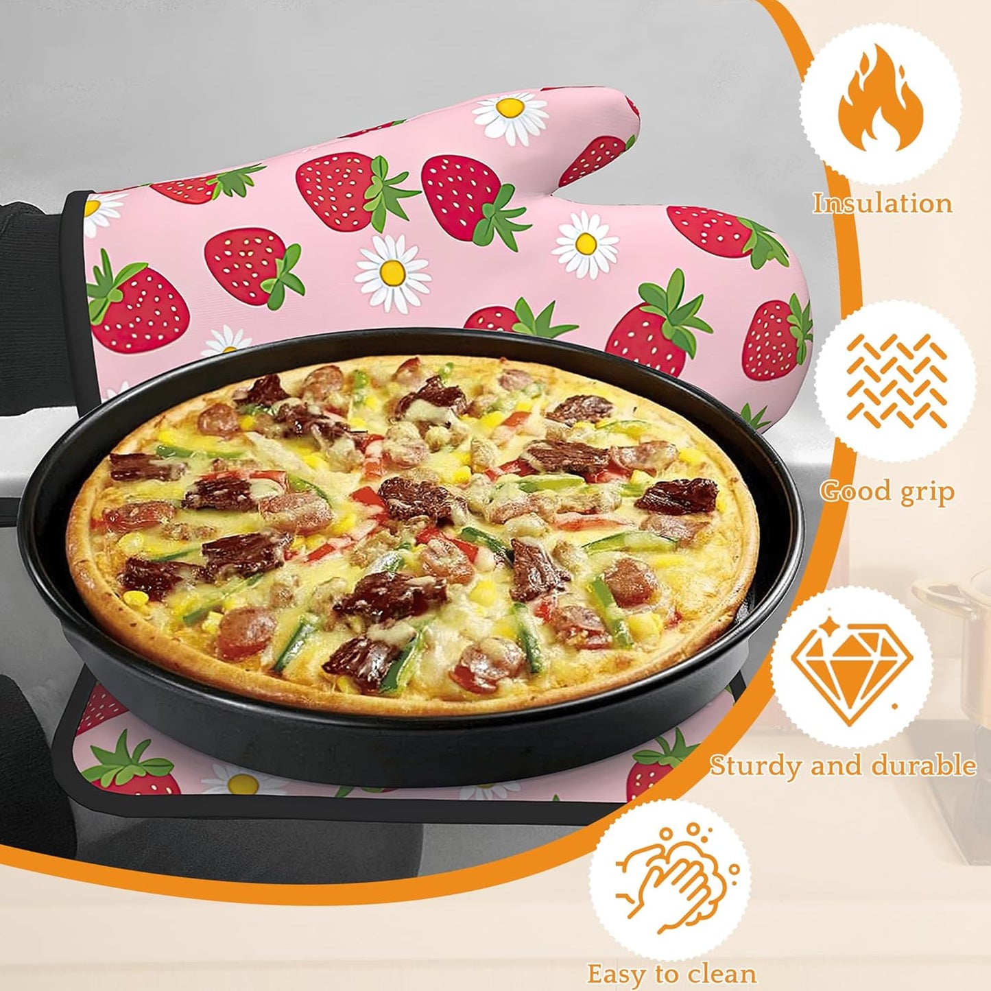 Cute Strawberry Oven Mitts and Pot Holders,Daisy Heat Resistant Oven Mitts Gloves and Pot Holder for Home Kitchen Decorations Cooking Baking BBQ Gifts,Set of 4