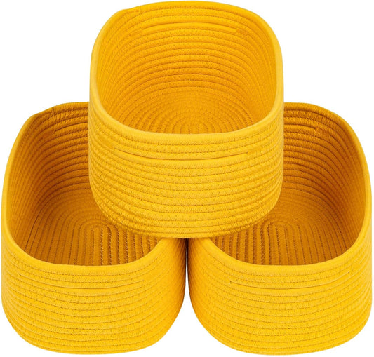CubesLand Rope Woven Storage Baskets, Small Baby Nursery Organizer Basket, Rectangular Organization/Storage Bins, Closet Shelves Baskets，Empty Gift Basket 3 Packs, Yellow