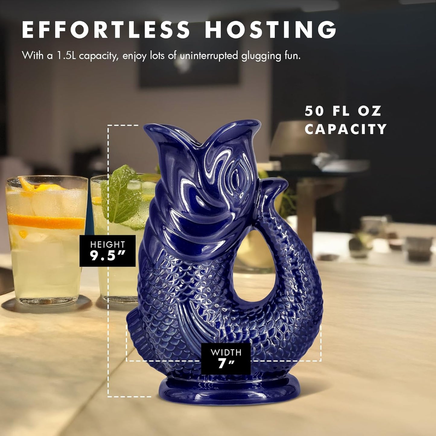 Gurgle Glug Jug The Bubble Jug® Surf Blue 50 fl oz 1.5L Litre Extra Large Pitcher - Fish Shaped Jug - Decorative Ceramic Glugging Cocktail, Water and Gin Vase and Gurgling Carafe Pot