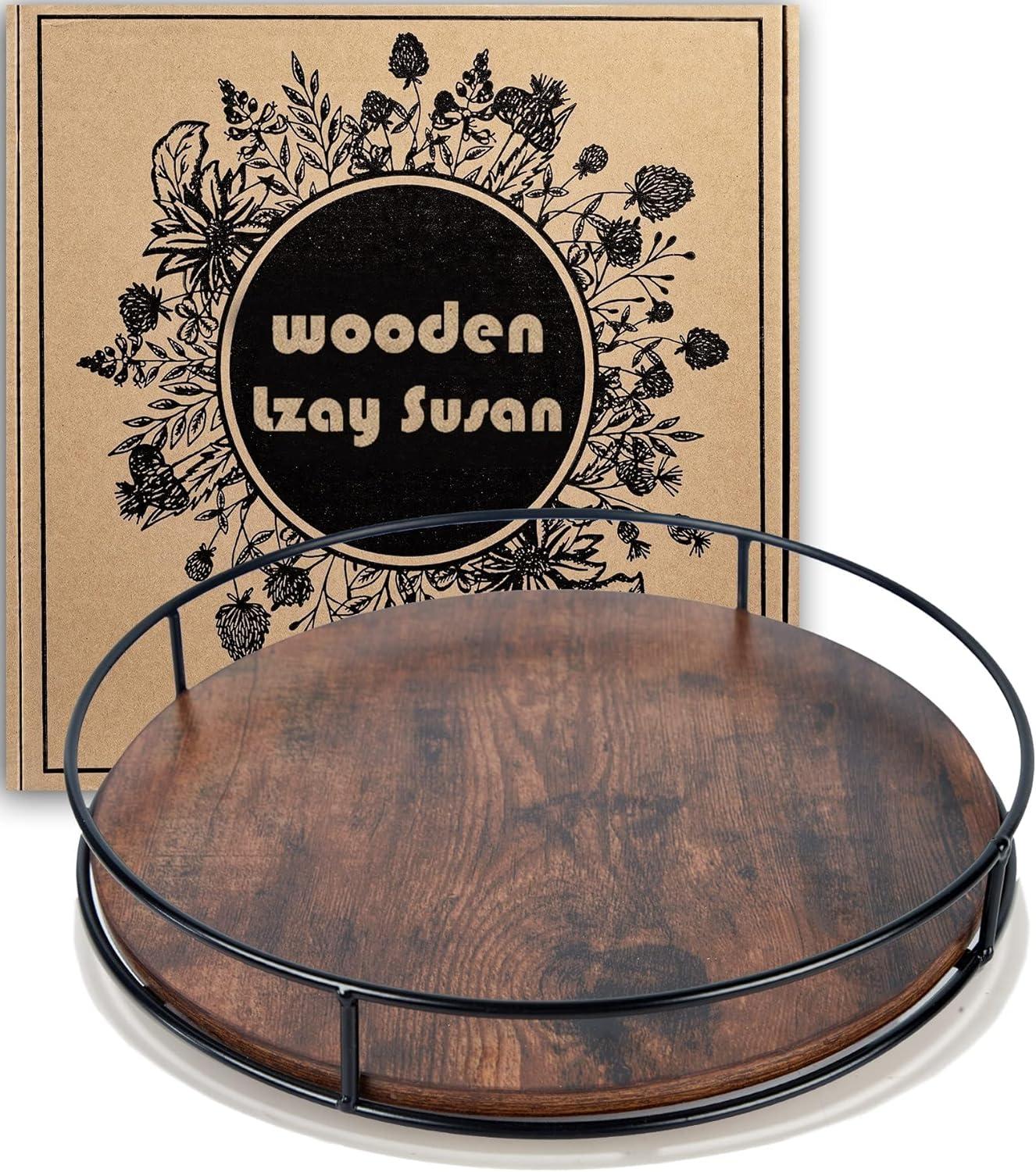 10 Inch Wood Lazy Susan, Rustic Brown Turntable Organizer with Steel Frame, 360 Degree Decorative Turntable for Countertop or Centerpieces