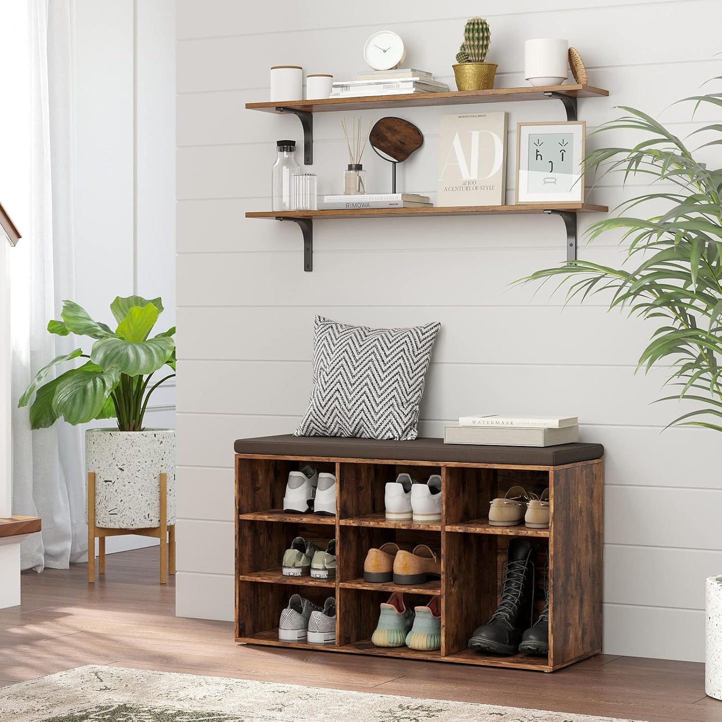 DINZI LVJ Long Wall Shelves, 39.4Inch Wall Mounted Shelves Set of 4, Extra Large Floating Storage Ledges with Sturdy Metal Brackets for Living Room, Bathroom, Bedroom, Kitchen, Rustic Brown