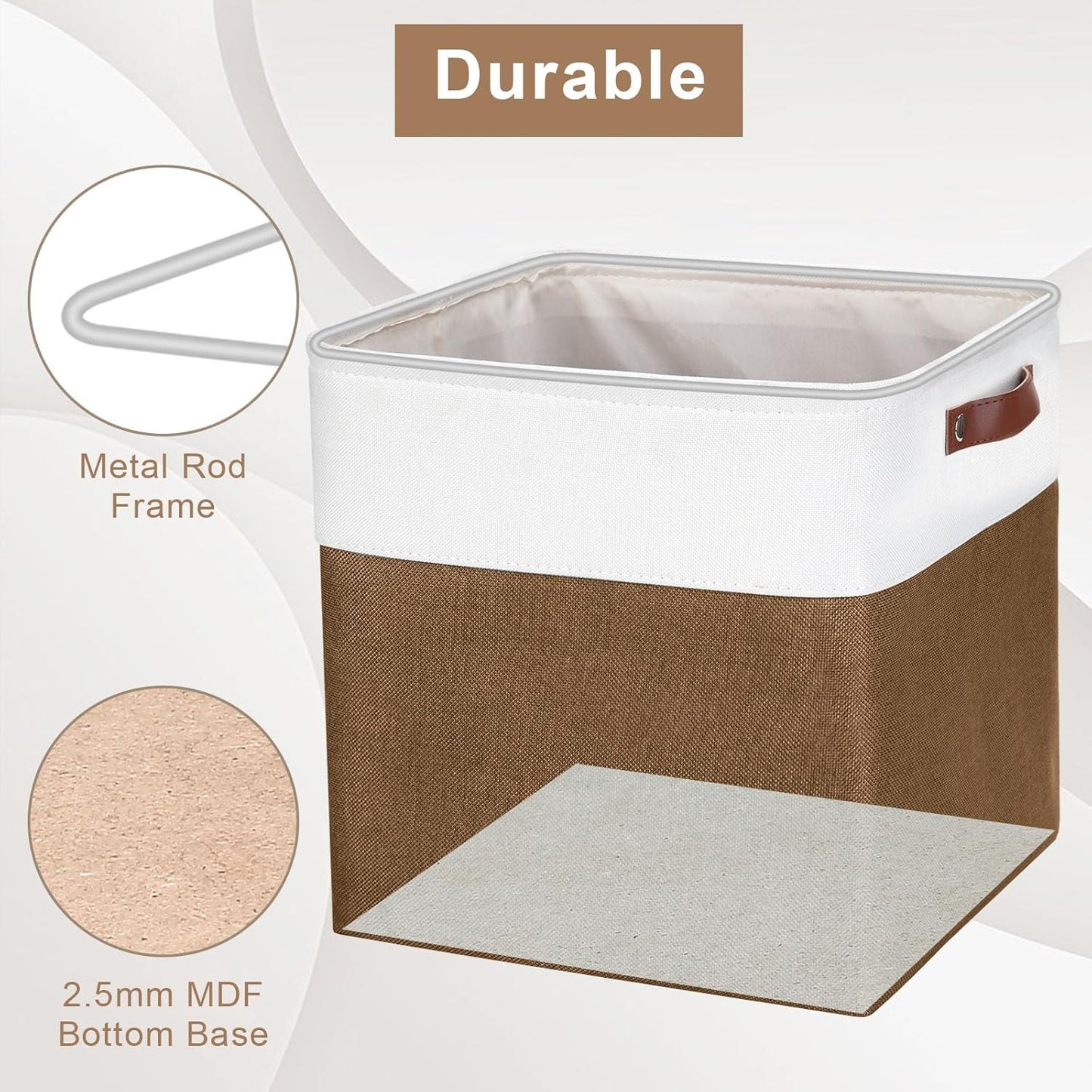 13x13 Cube Storage Bins, Collapsible Fabric Storage Box, 4 Pack Closet Baskets with Handles for Organizing, Shelf, Toys, Clothes, Home, Office, Nursery (Brown&White)