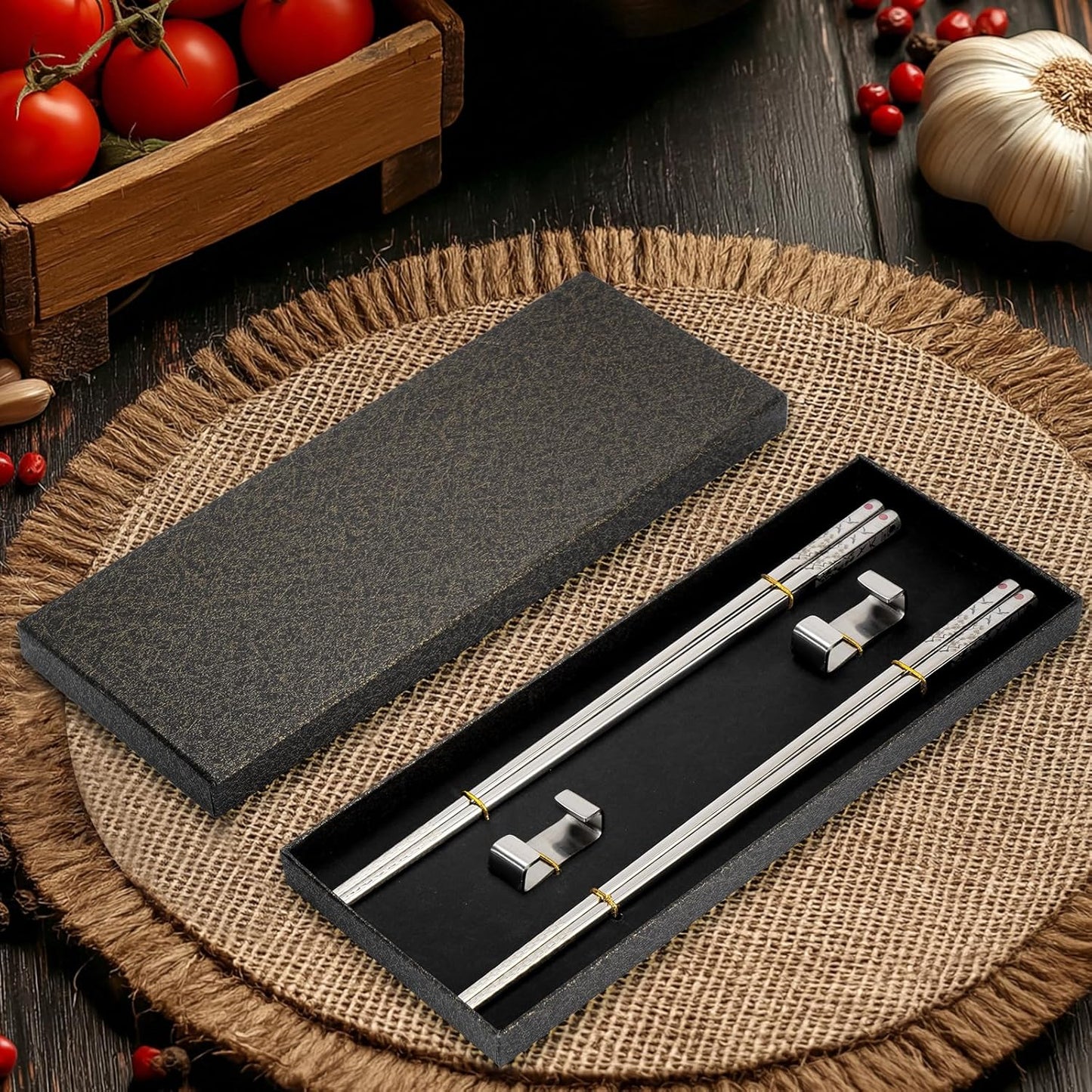 Stainless Steel Chopsticks, Titanium Plated Metal Chopsticks, 9.8" Premium Japanese Korean Color Laser Engraved Cooking Chop Sticks, Dishwasher Safe, Reusable, Anti-slip, Anti-scald, 2 Pairs Gift Set