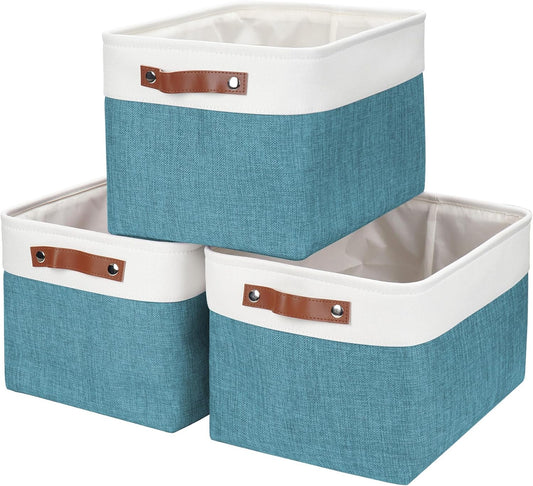 Storage Bins Large Fabric Storage Baskets for Shelves 3 Pack, Decorative Linen Closet Baskets with Handles for Organizing, Shelf, Clothes, Home, Office, 15x11x9.5Inches (Teal&White)