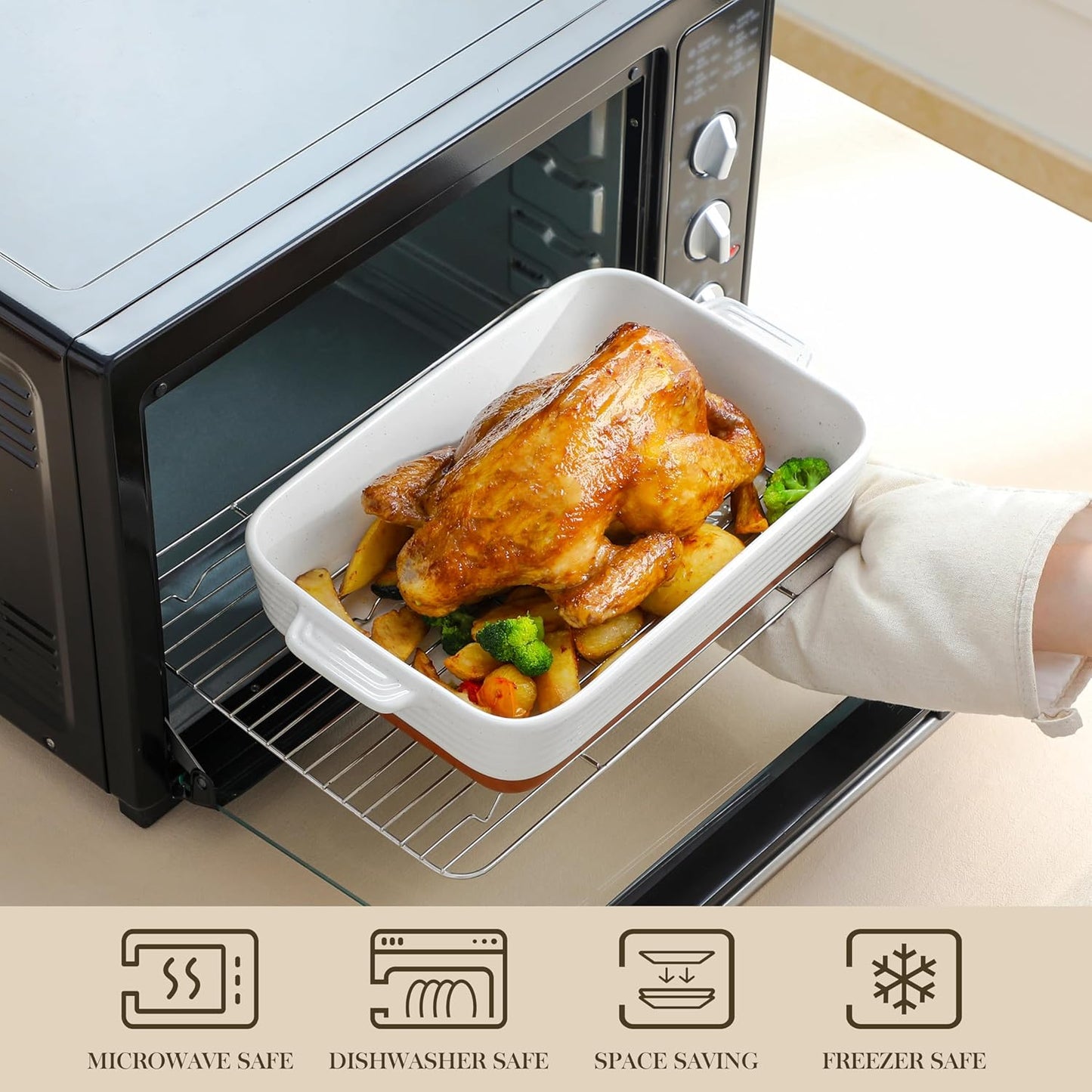 MALACASA Casserole Dishes for Oven with Roasting Racks, Ceramic Baking Dishes Set of 3, Baking Pan Casserole Dish Set, Rectangular Lasagna Pan Deep with Handles for Baking, Khaki White (14.5''/13''/10.5''), Series TARA