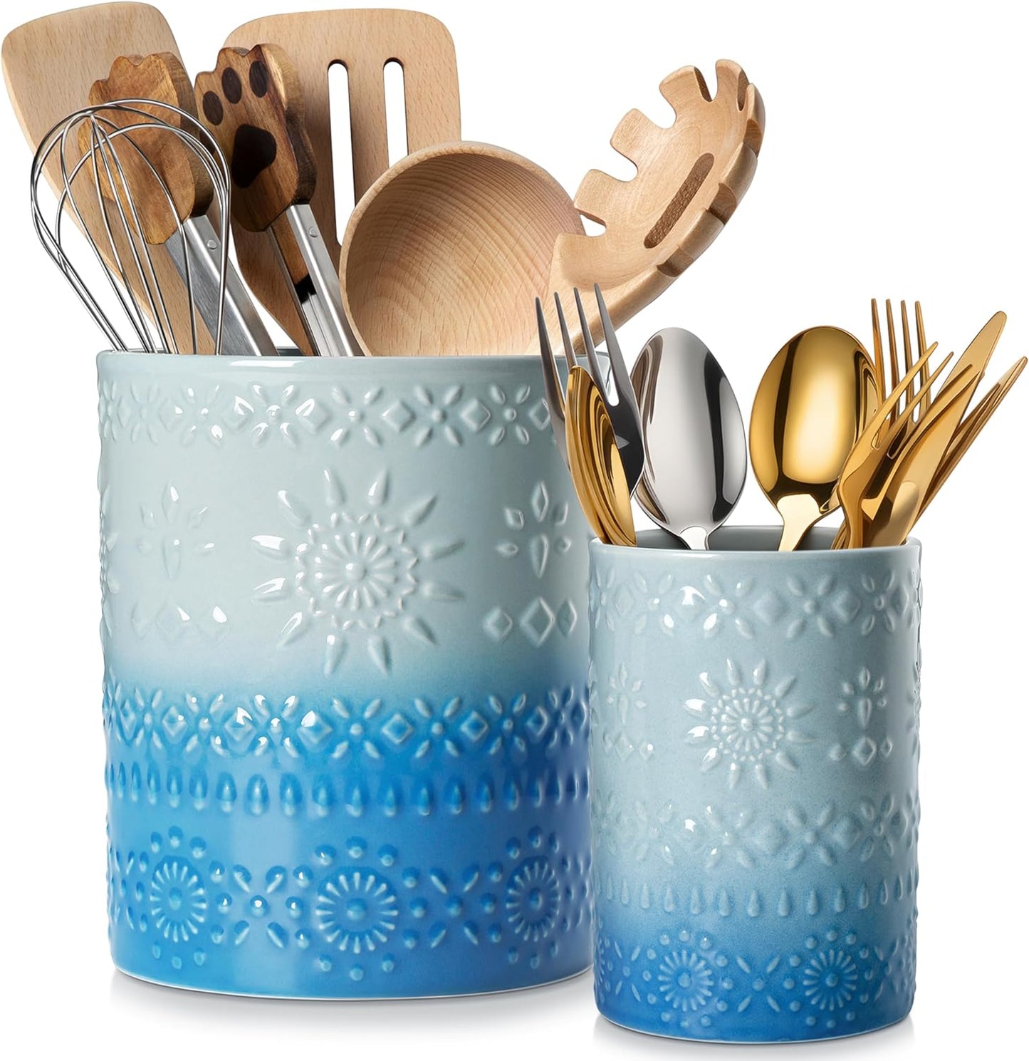 LOVECASA Utensil Holder, 7.2"+5.4" Ceramic Utensil Holder for Countertop, Large Cooking Utensil Crocks for Kitchen Counter, Farmhouse Utensil Vase for Housewarming, Kitchen Decor, Set of 2, Oceans