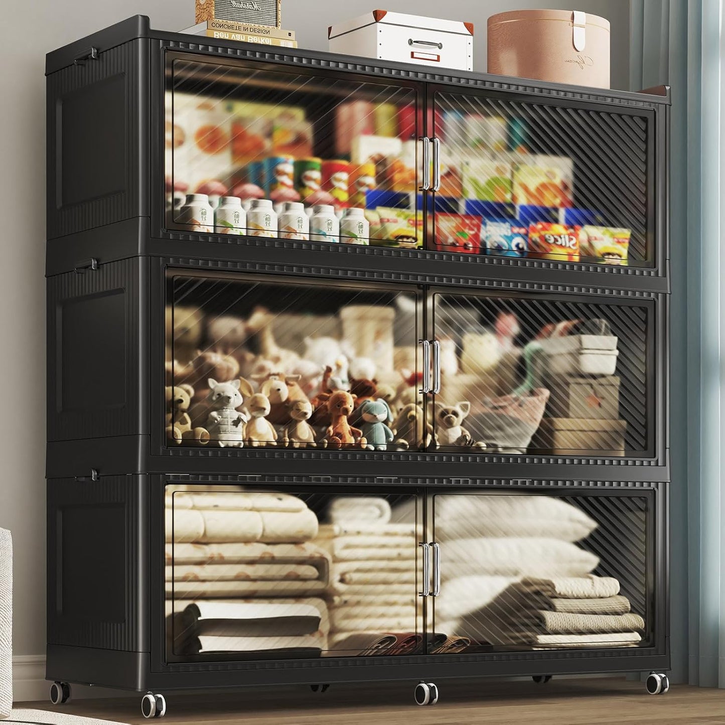 240GAL Extra Large Stackable Storage Bins with Lid, 960QT Plastic Storage Bins with 6x Wheels, Collapsible Closet Organizer and Storage Drawer Cabinet for Living Room Office Dorm, 3Pack Black