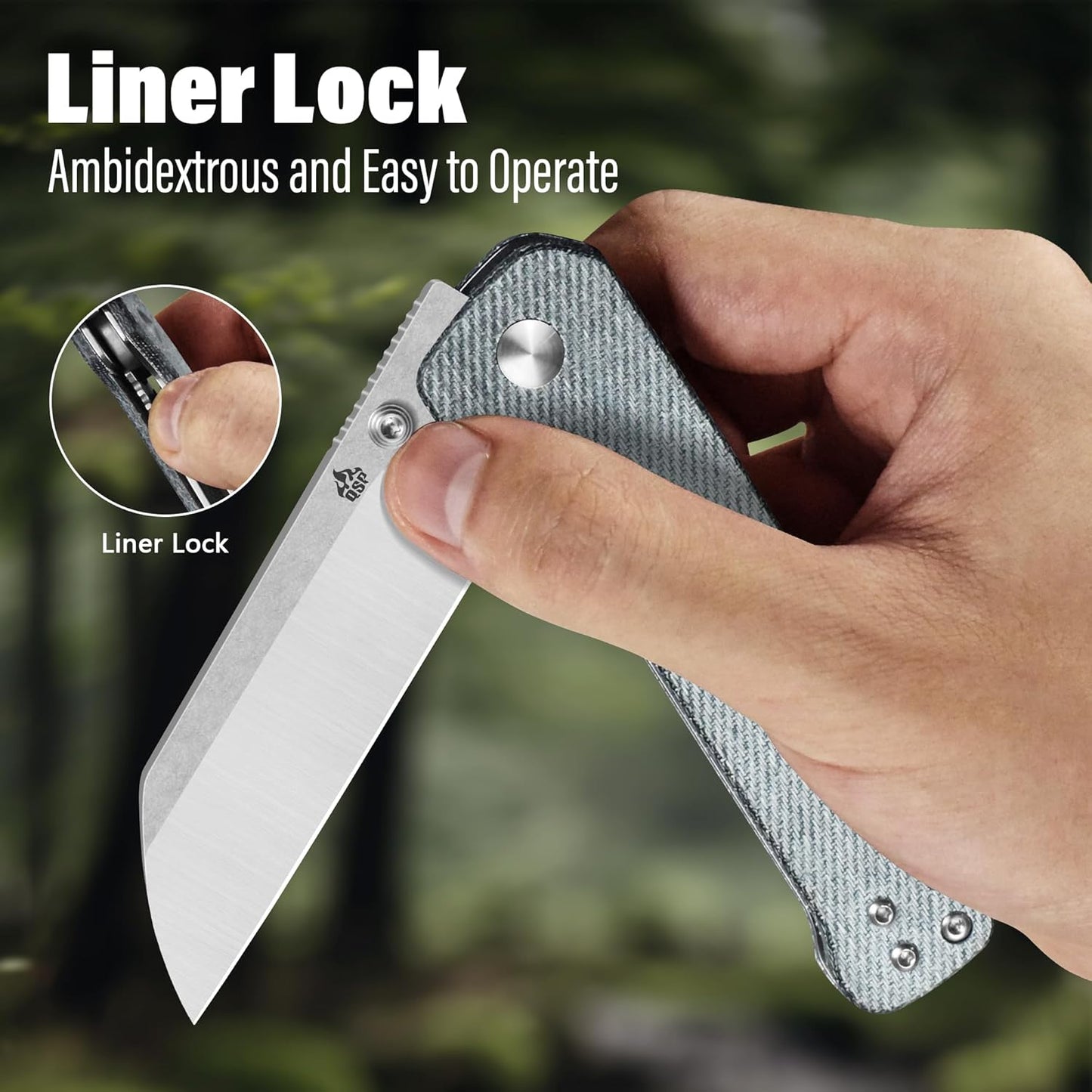 QSP Penguin V2 Folding Pocket Knife, 3.06" D2 Two Tone Finish Stonewash Satin Blade EDC Knife, Denim Micarta Handle, Liner Lock, Ceramic Ball Bearings, Reversible SS Deep Carry Clip