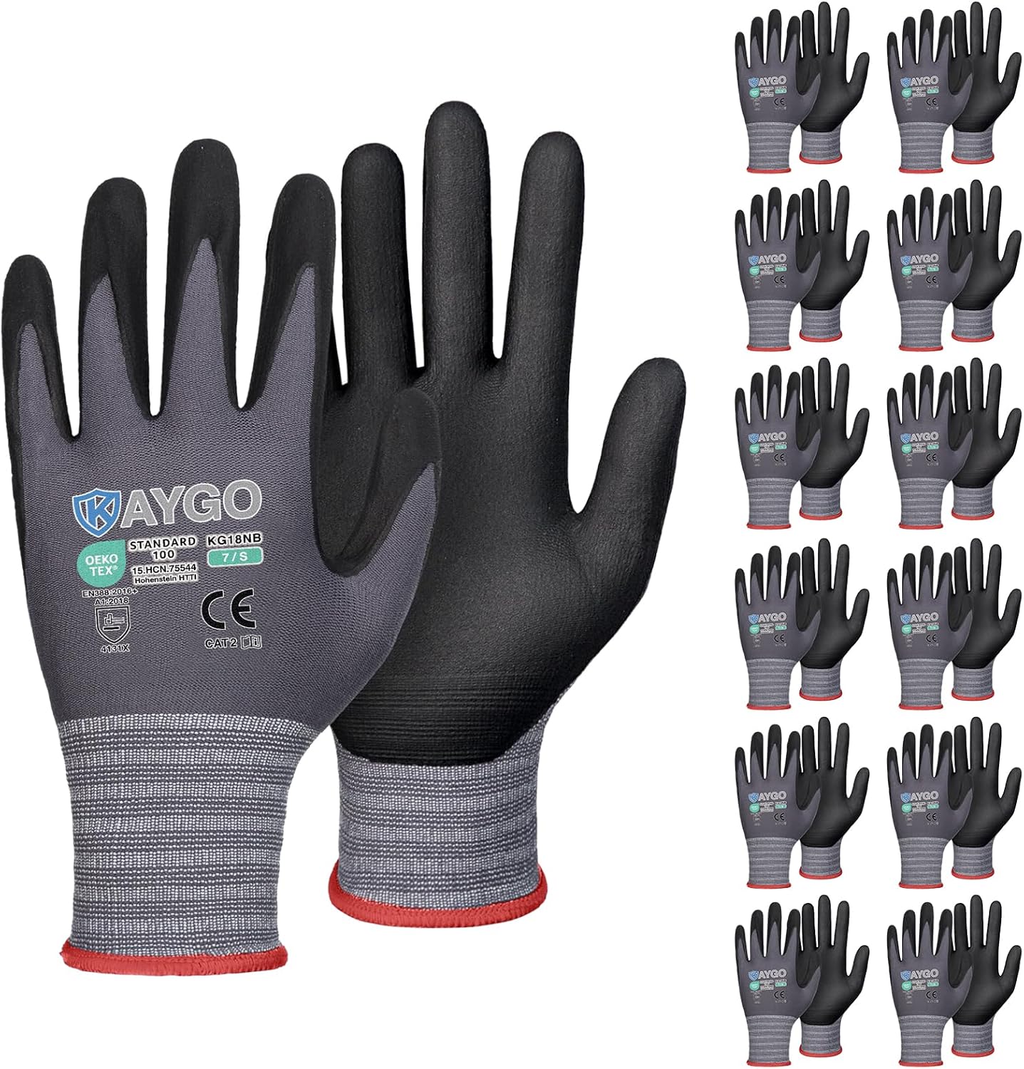 KAYGO Safety Work Gloves MicroFoam Nitrile Coated, 12 Pairs KG18NB,Seamless Knit Nylon Glove for Men and Women, Ideal for Automotive,Warehouse,Construction (Small,Gray)