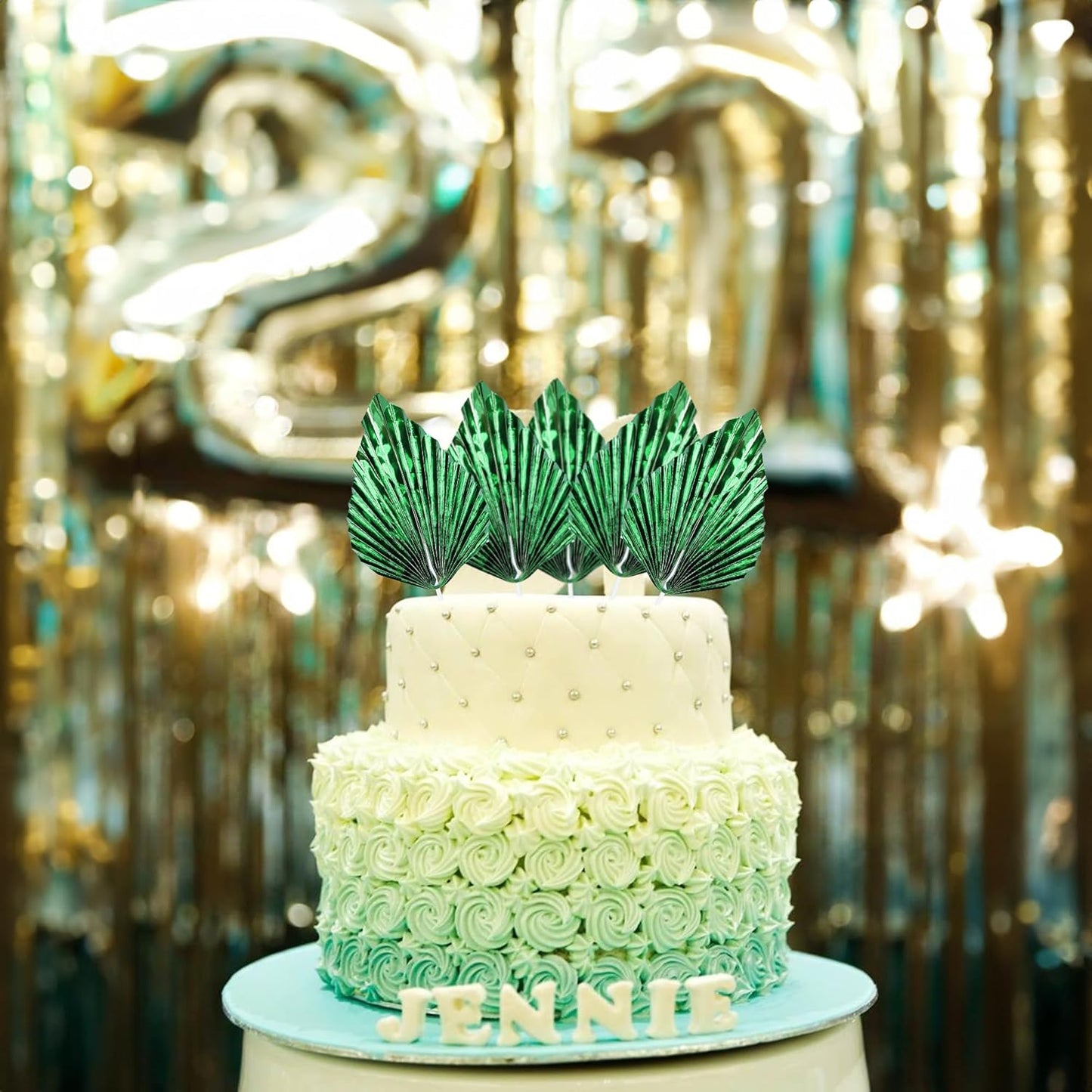 Gyufise 6Pcs Paper Palm Fan Cake Toppers Palm Spear Leaves Fan Cupcake Toppers Cake Insert Decorations Craft DIY Cake Bakeware Decoration for Birthday Party Wedding Party Decor Supplies Light Green