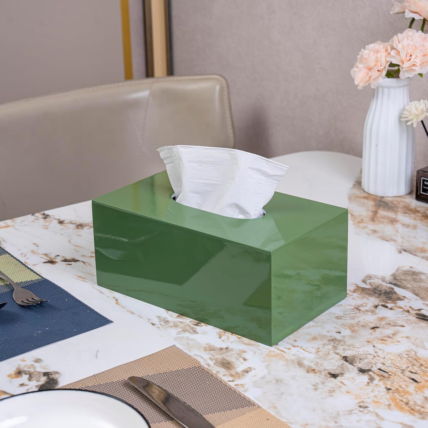 PEMAR Rectangular Lacquer Tissue Box, Handmade Rectangle Tissue Holder Decorative Napkin Dispenser Organizer Rustic Farmhouse Vintage Decor (Green)