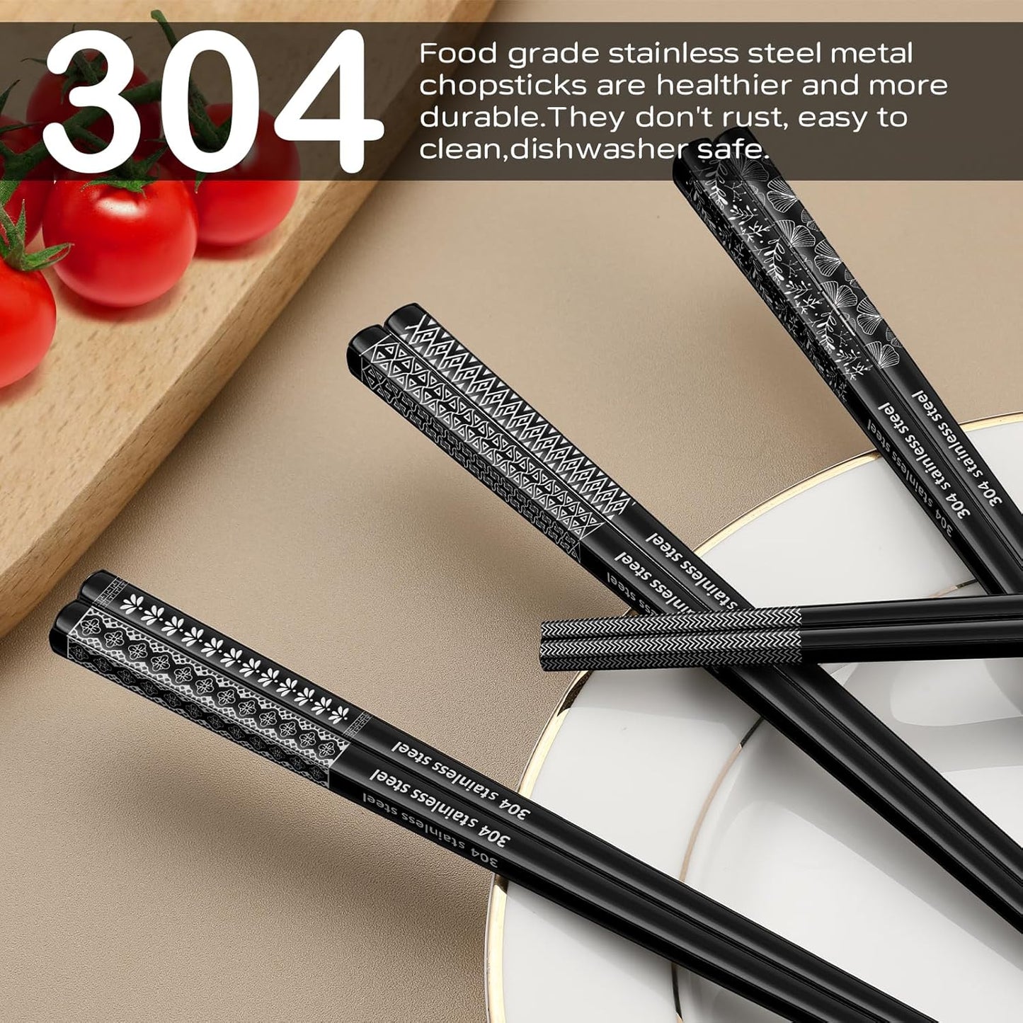 8 Pairs Metal Chopsticks Reusable Black Stainless Steel Chopsticks Set Laser Engraved Non-slip Japanese Korean Chinese Chopstick for Cooking Eating Dishwasher Safe 9.25" Chop Sticks Gift Set