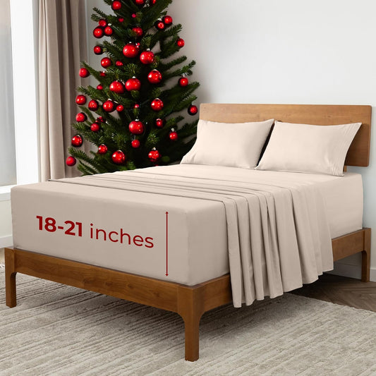 Mellanni Extra Deep King Sheets - 4 PC Iconic Collection Bedding - Hotel Luxury, Ultra Soft, Cooling Bed Sheets - Wrinkle, Fade, Stain Resistant (King, Beige)