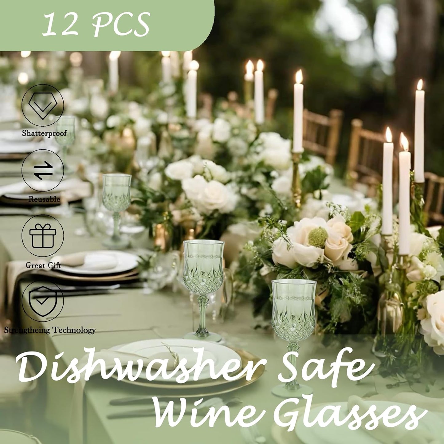 Plastic Wine Glasses，Plastic Goblets Vintage Style Cordial Drinking Glasses for Wedding Reception, Grand Event Party Supplies (12, New Green)