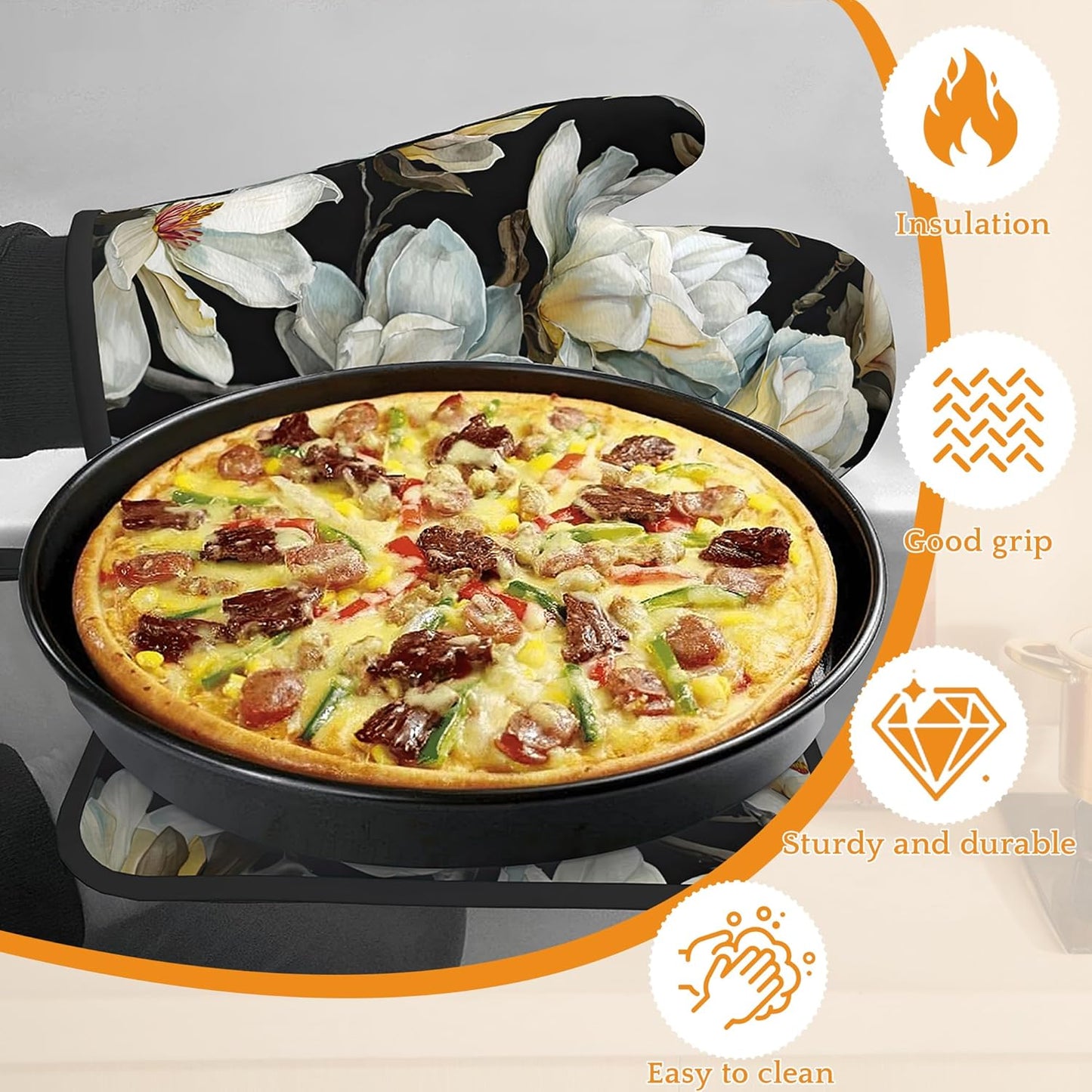 Vintage White Magnolia Oven Mitts and Pot Holders,Heat Resistant Oven Mitts Gloves and Pot Holder for Home Kitchen Decorations Cooking Baking BBQ Gifts,Set of 4