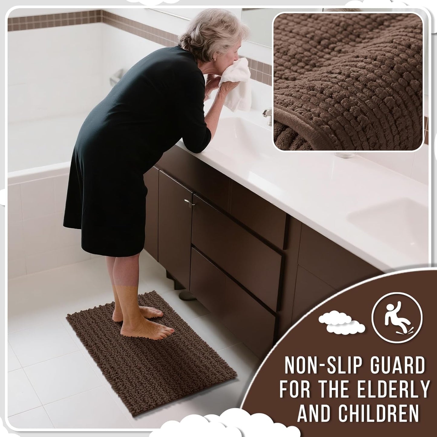 Yimobra Bathroom Runner Rug 60x24 Inch - Extra Long Non Slip Chenille Bath Mat, Soft & Absorbent, Machine Washable Shaggy Hallway Carpet for Vanity Tub Shower, Brown Home Decor Accessories