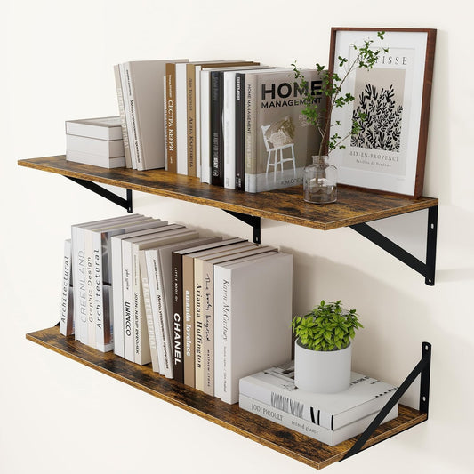 Heimlove Deep Floating Shelves for Wall, 36W x 12D Wood Wall Shelves Set of 2, Wide Floating Bookshelf for Living Room, Kitchen, Office, Bedroom and Decor Storage, with Metal Bracket - Rustic Brown