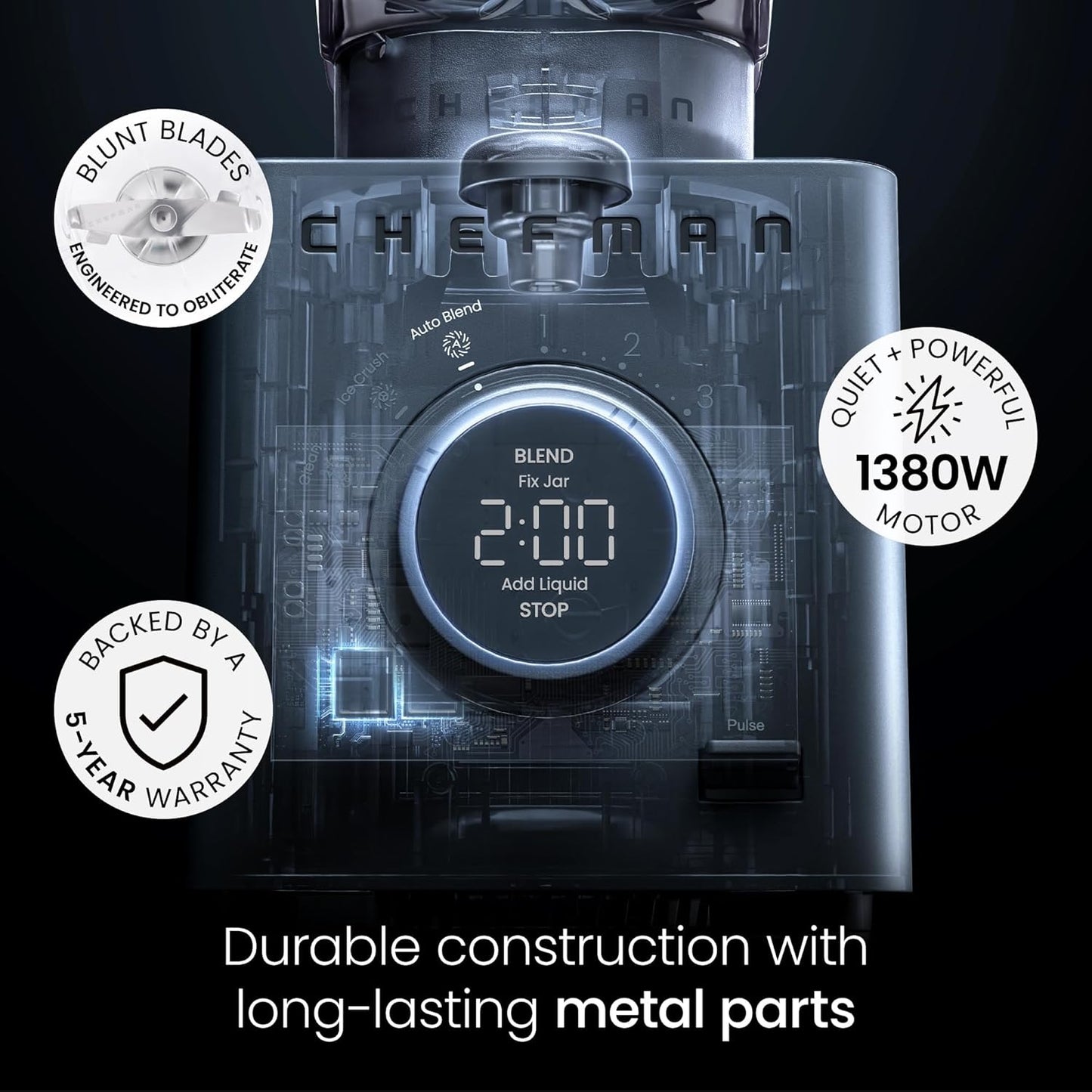 Chefman Obliterator 48 oz Countertop Blender for Smoothies, 1380W Motor to Crush Ice, Nuts, and Frozen Fruit with Stainless Steel Blade, Auto Blend Function, Includes Tamper and Scraper - Concrete