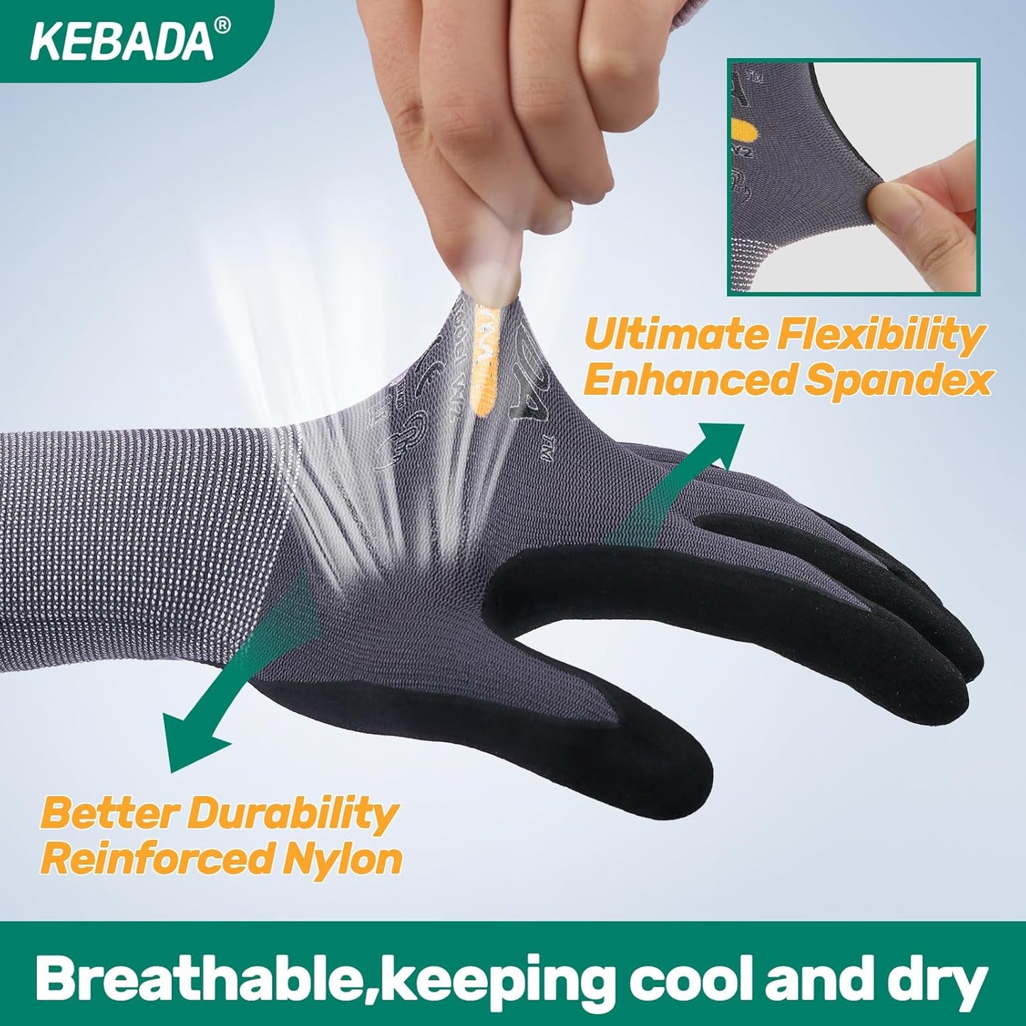 Kebada W2 Safety Work Gloves, Micro-Foam Nitrile Coated Gloves, Touchscreen,Ideal for Package Handling, Gardening, Construction, 1 Pair XX-Large