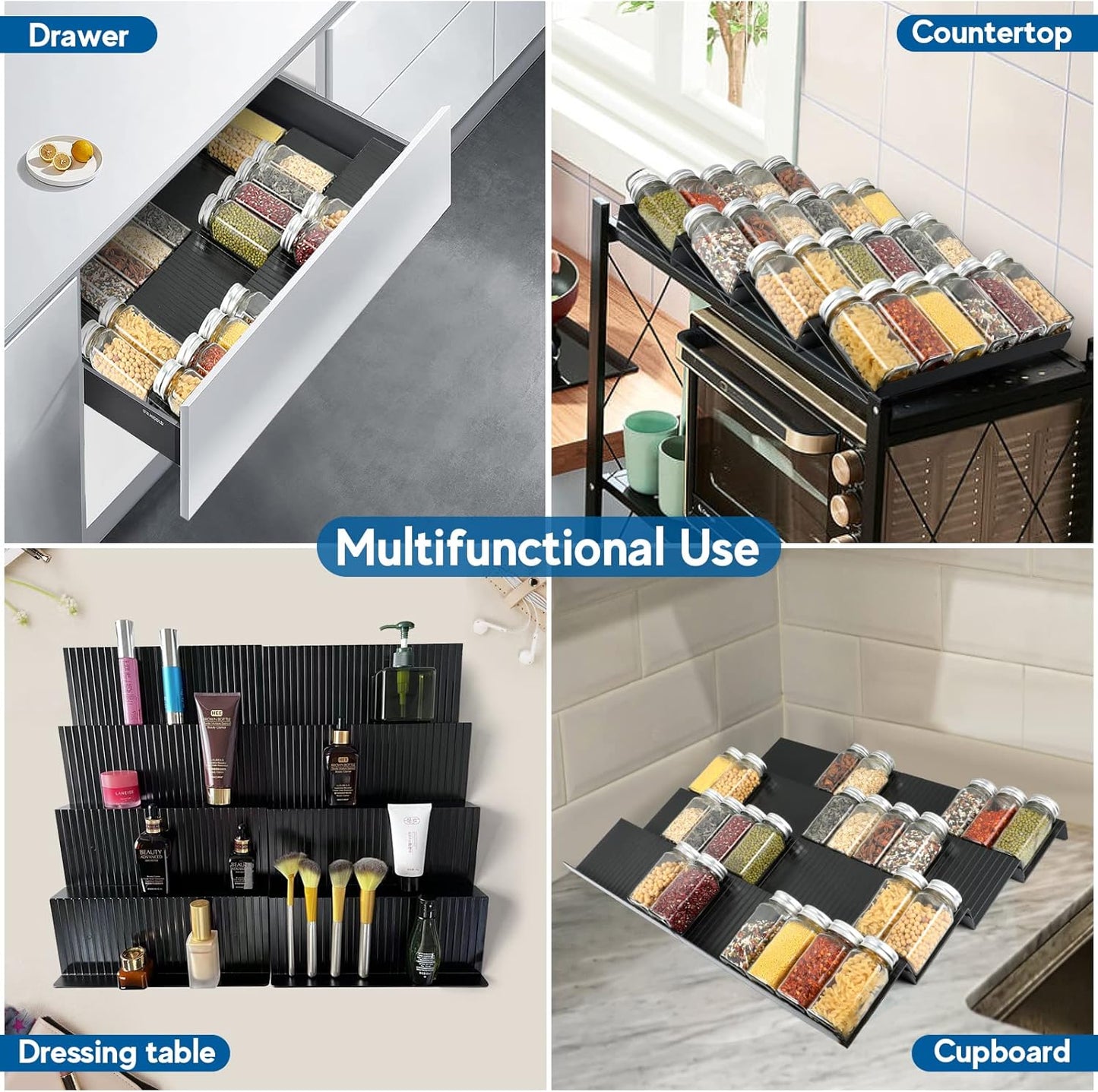 Spice Drawer Organizer, 4 Tier - 8 Pack Black Acrylic Drawer Seasoning Organizer, Expandable from 11'' to 22'', Premium Kitchen Spice Rack Organizers and Storage for Drawer