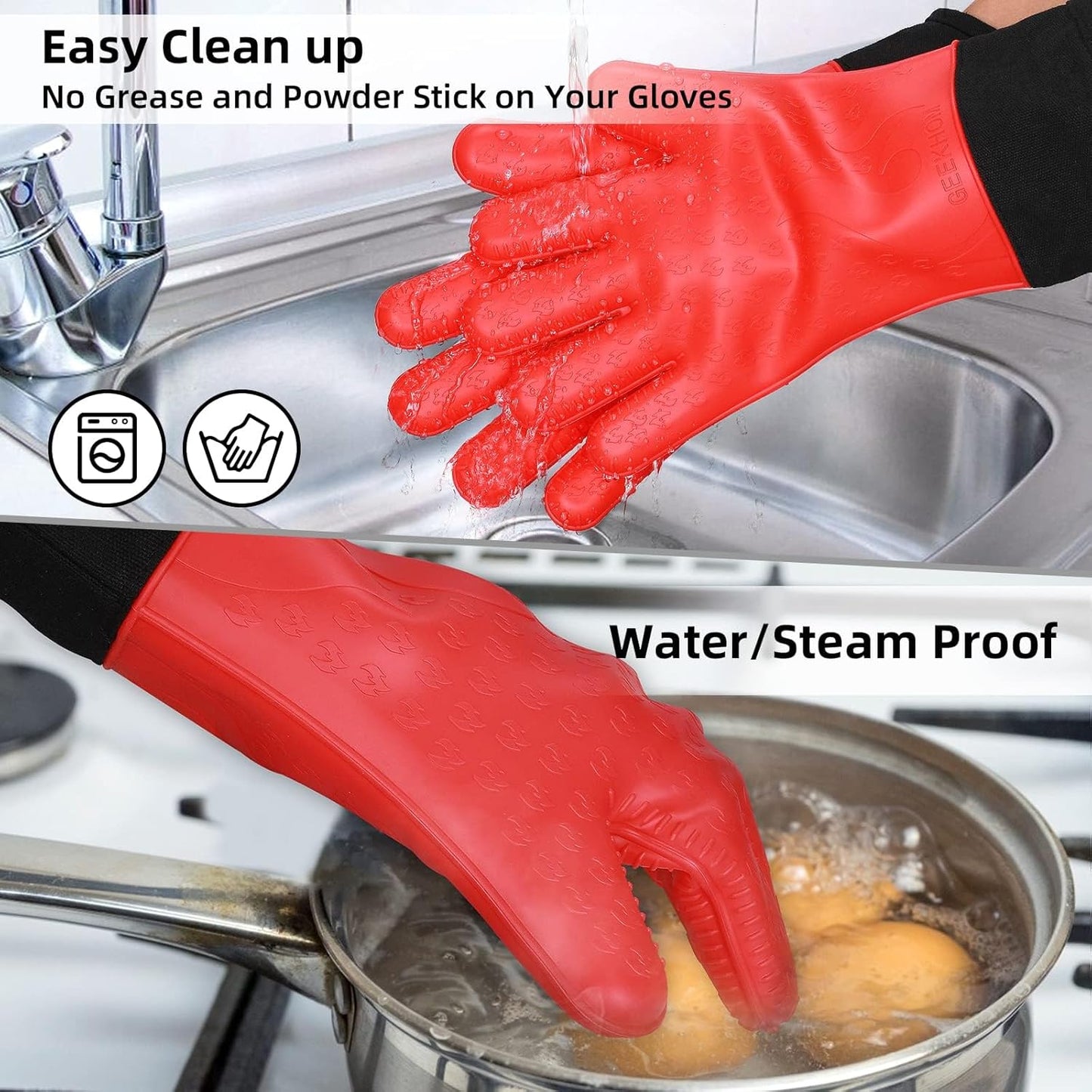 GEEKHOM Silicone Grilling Gloves, Heat Resistant Oven Mitts, BBQ Gloves, Waterproof Non-Slip for Barbecue, Cooking, Baking, Fryer, Red