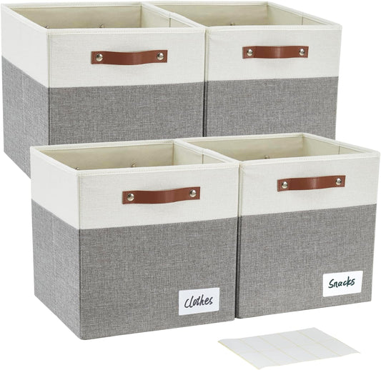 Collapsible Fabric Storage Cube Bins with 2 Reinforced PU Handles, Foldable Storage Organizer Baskets for Closet, Shelves, Living Room | 13"x13"x13", 4 Pack, Gray & White