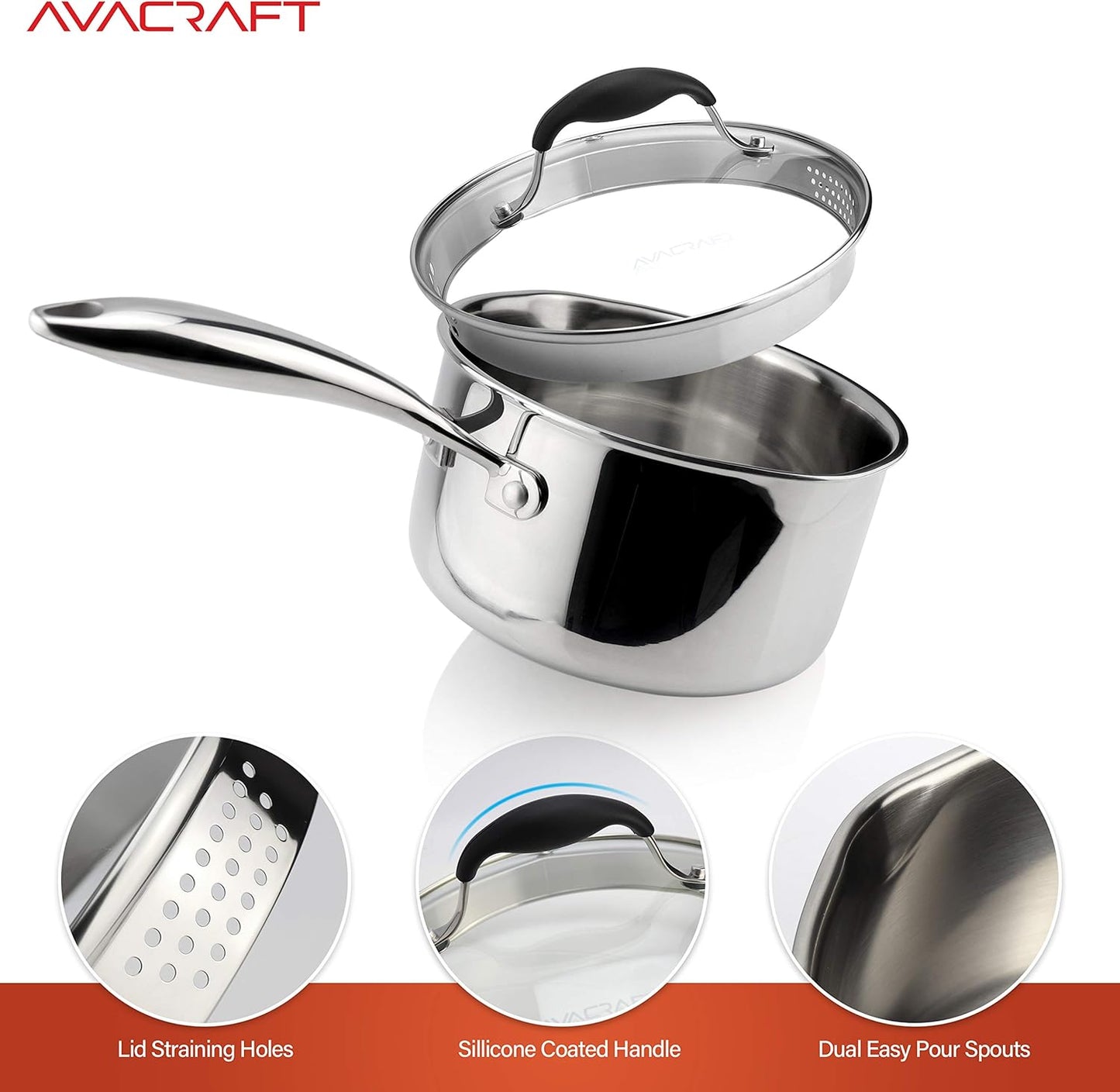 AVACRAFT Tri-Ply Stainless Steel Saucepan with Glass Strainer Lid, Two Side Spouts, Ergonomic Handle, Multipurpose Sauce Pan with Lid, Sauce Pot, Cooking Pot (Tri-Ply Full Body, 2.5 Quart)
