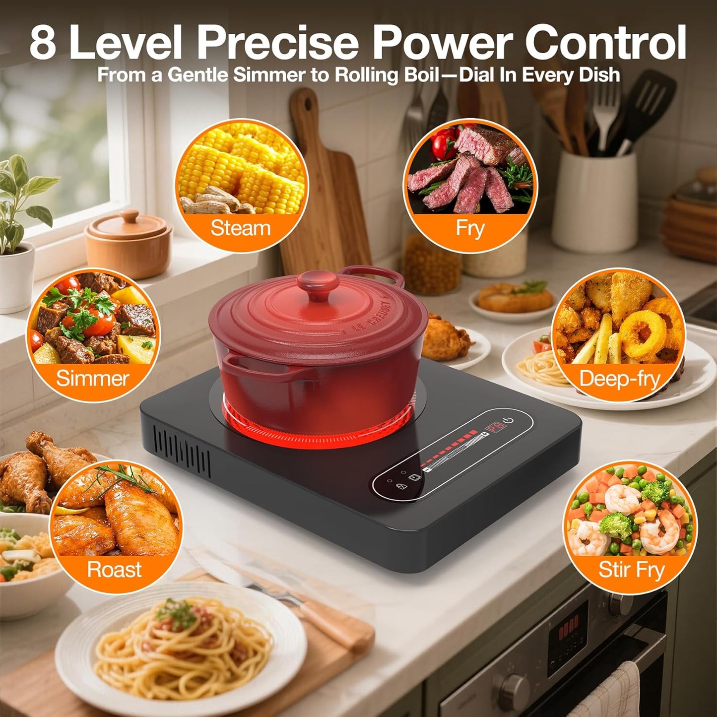 1800W Single Electric Stove: 14 Inch Electric Burner for Cooking - 110-120V Cooktop with Child Lock, Countertop Stove Compatible with All Cookware, 8 Power Levels, Timer