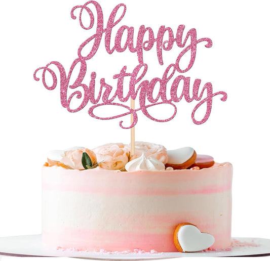 ZHUOWEISM 1 PCS Happy Birthday Cake Topper Glitter Happy Birthday Cake Pick for Celebrating Happy Birthday Anniversary Party Cake Decorations Supplies Pink