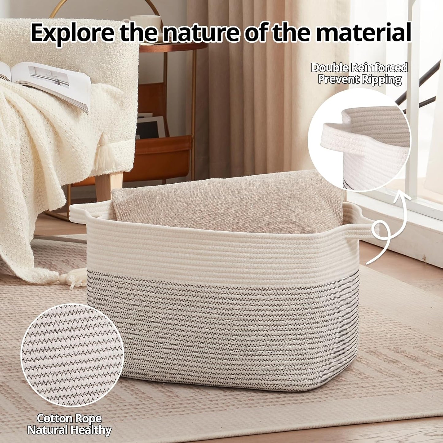 OIAHOMY 65L Blanket Basket, Cotton Rope Woven Blanket storage for Living Room, Rectangle Woven Baskets for Storage, 20''×16''×12'', Black and White