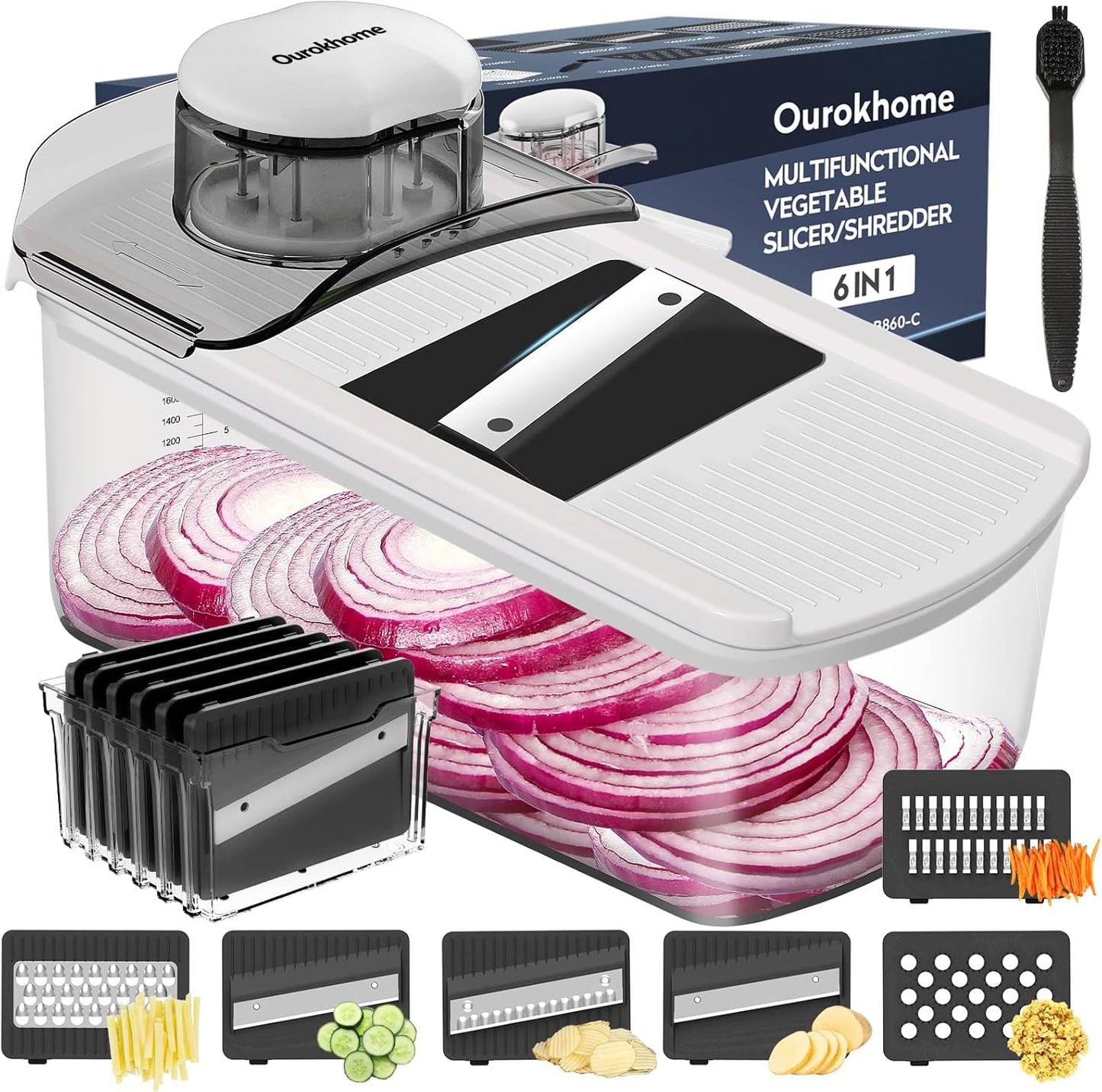 Ourokhome Vegetable Mandolin Slicer, Hand Safe Kitchen Food Shredder with 6 Mandoline Blades, Veggie Waffle Cutter for Potato, Carrot, Zucchini, Onion, Essential Kitchen Gadgets (6 in 1, White)